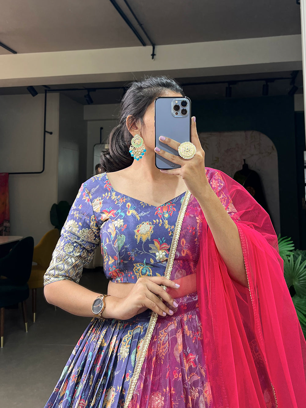 Elegant Floral Lehenga with Vibrant Pink Dupatta