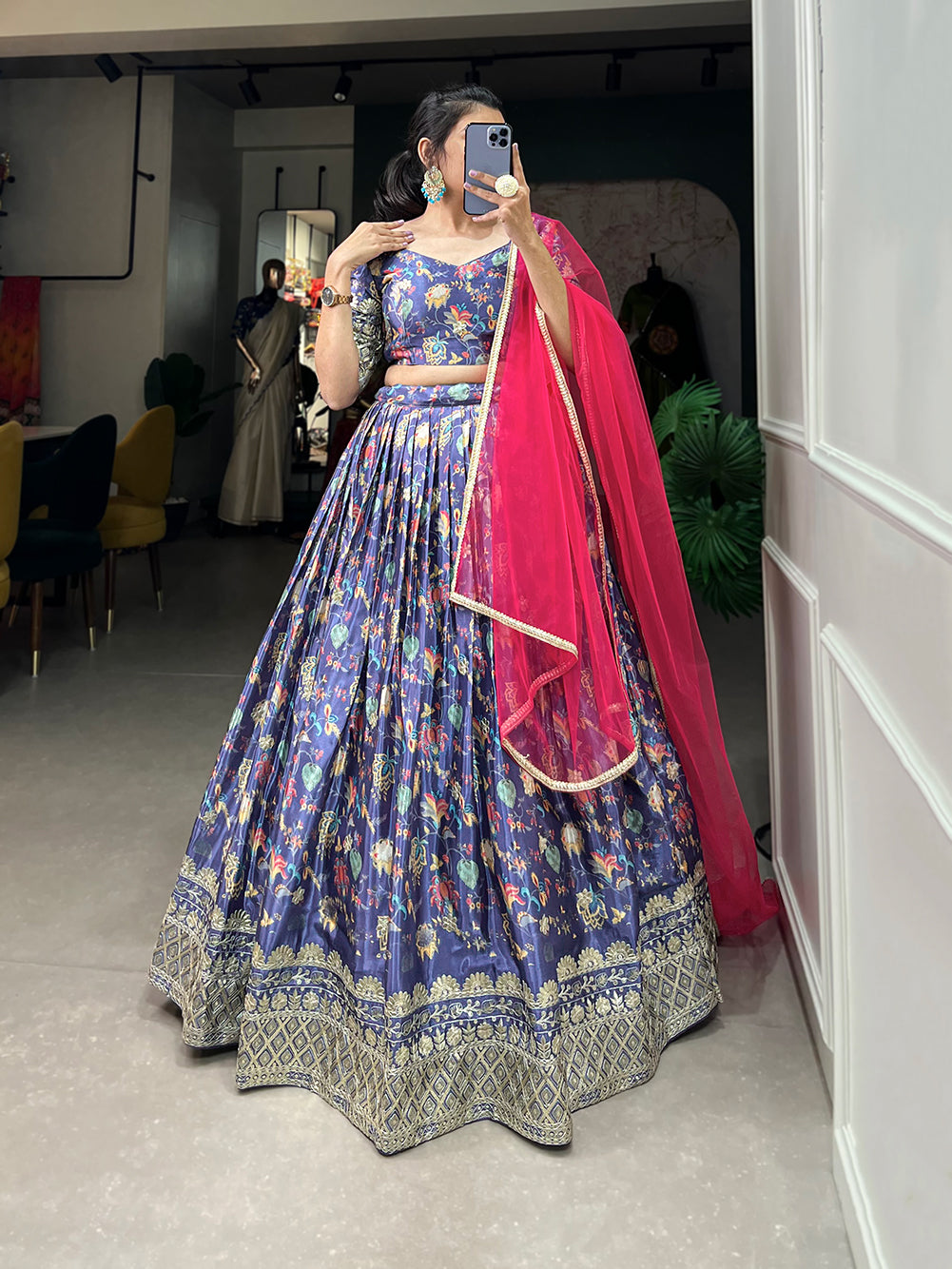 Elegant Floral Lehenga with Vibrant Pink Dupatta
