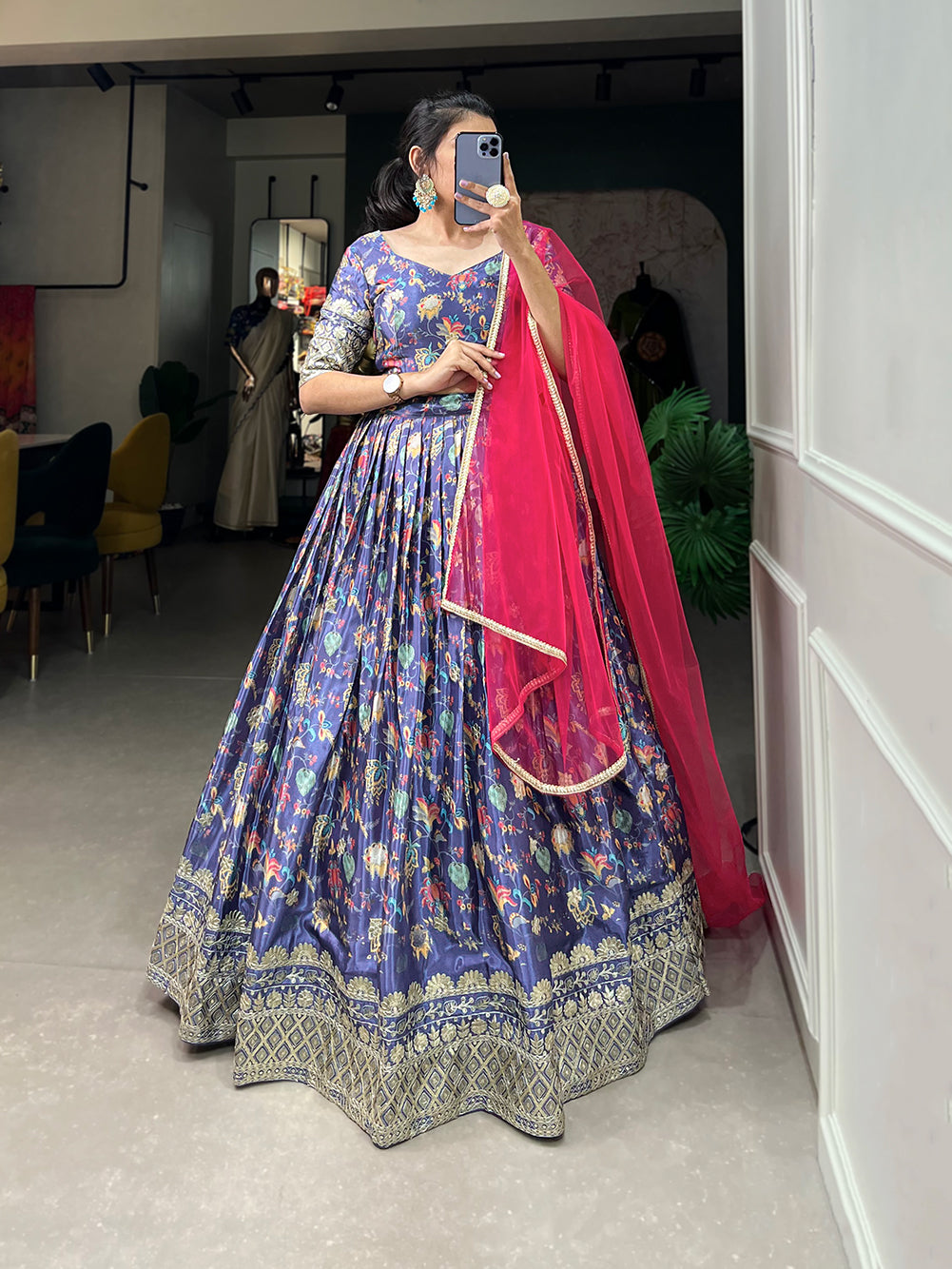 Elegant Floral Lehenga with Vibrant Pink Dupatta