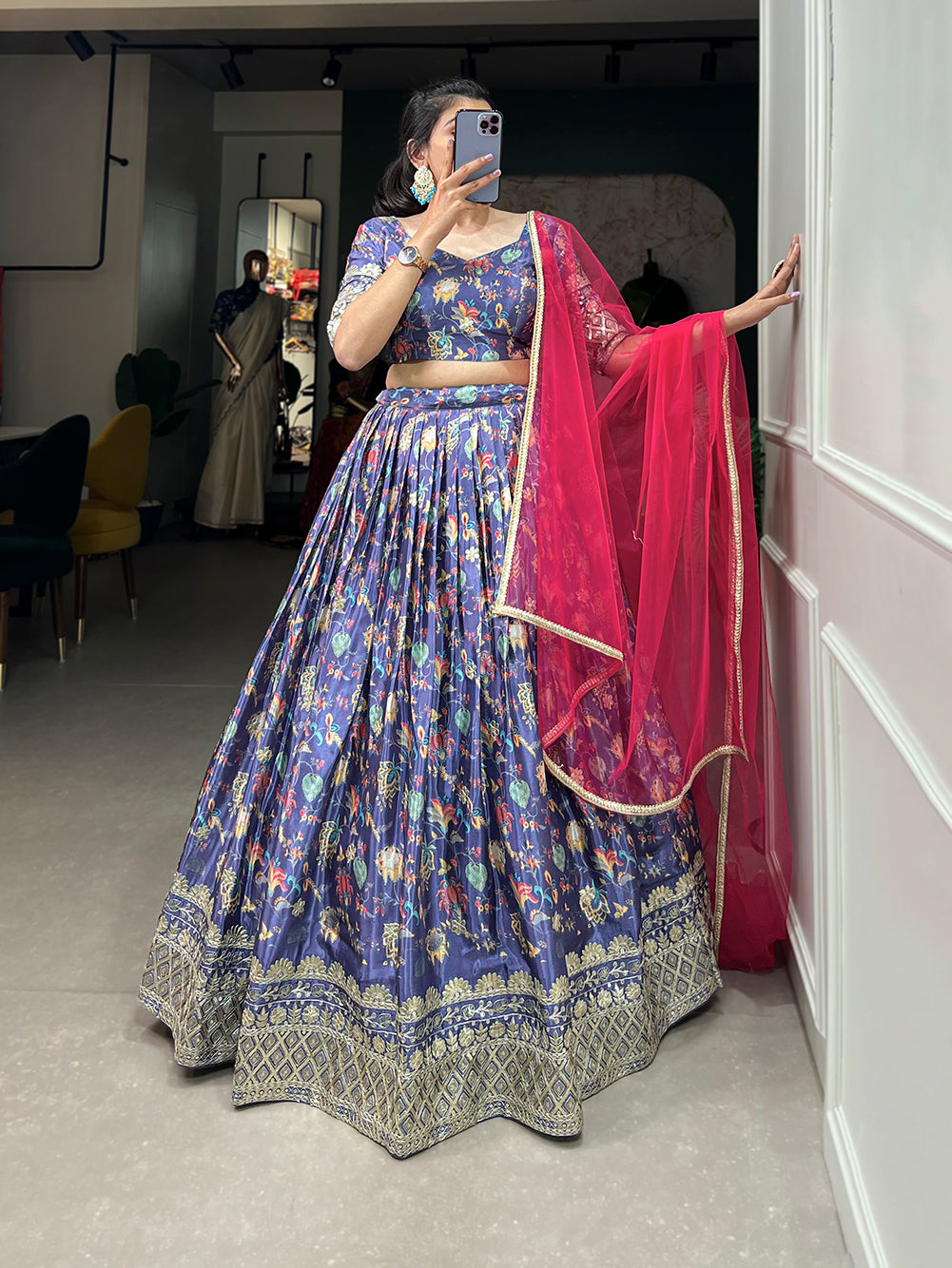 Elegant Floral Lehenga with Vibrant Pink Dupatta