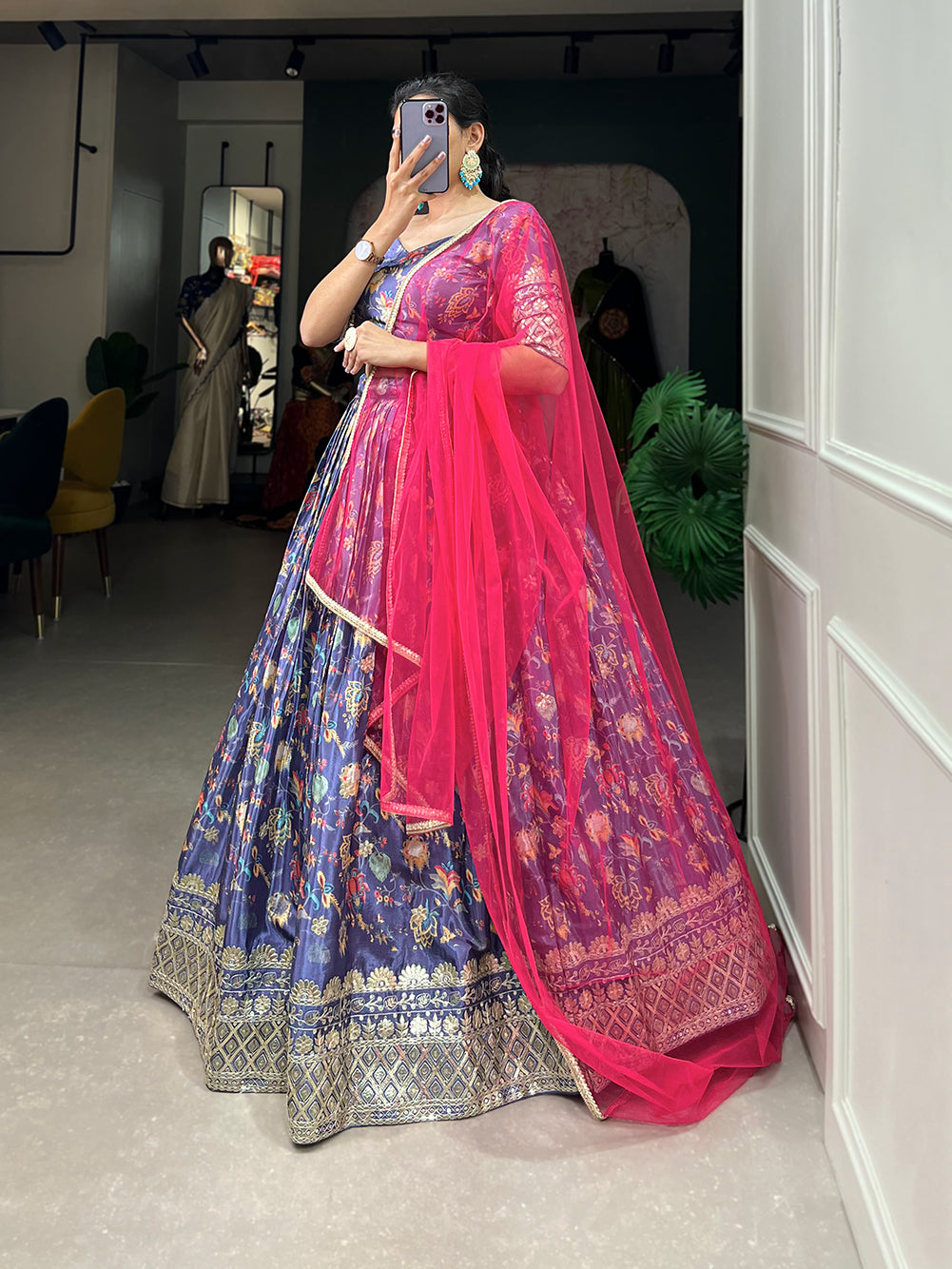 Elegant Floral Lehenga with Vibrant Pink Dupatta