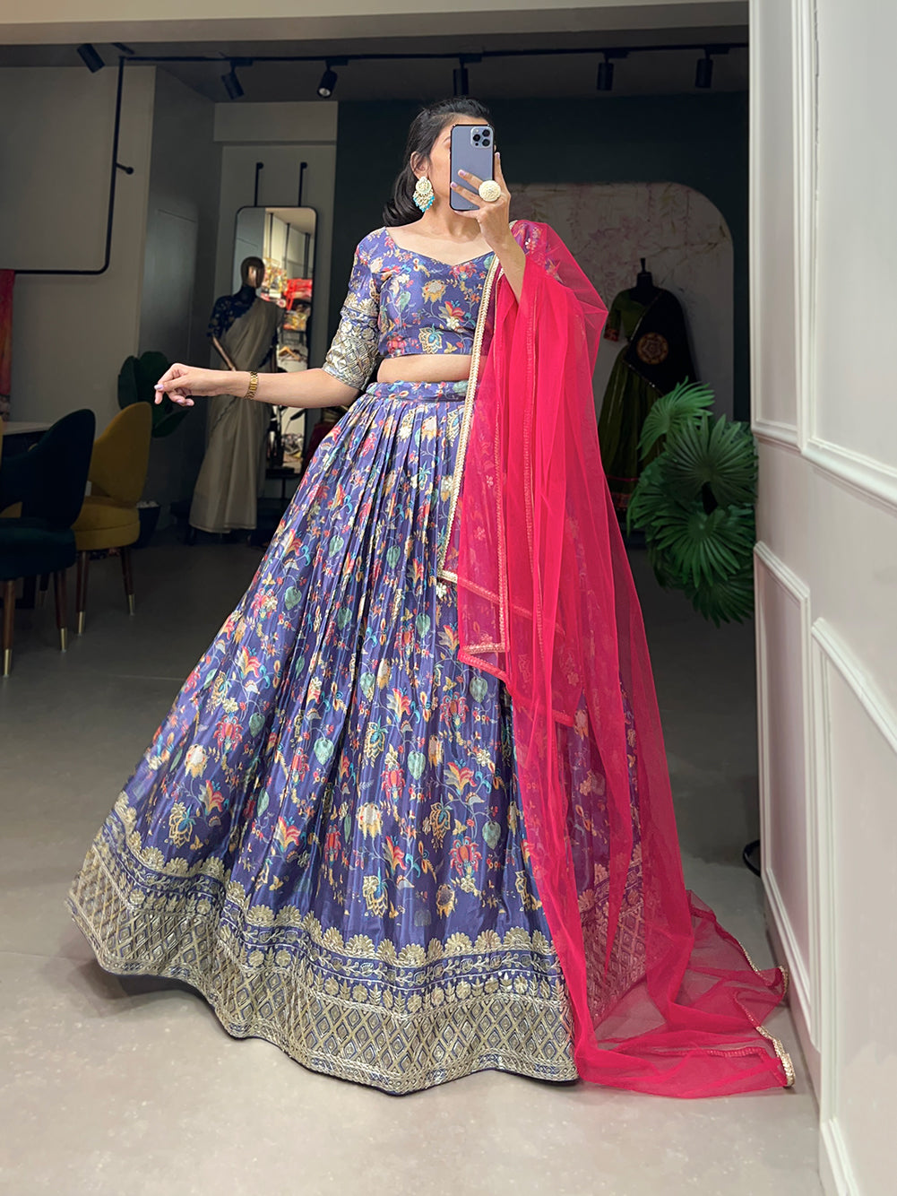 Elegant Floral Lehenga with Vibrant Pink Dupatta