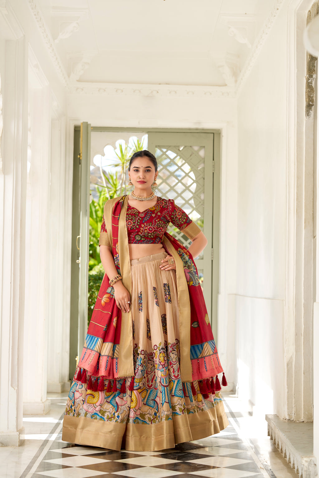 Regal Beige Handcrafted Lehenga with Traditional Motifs