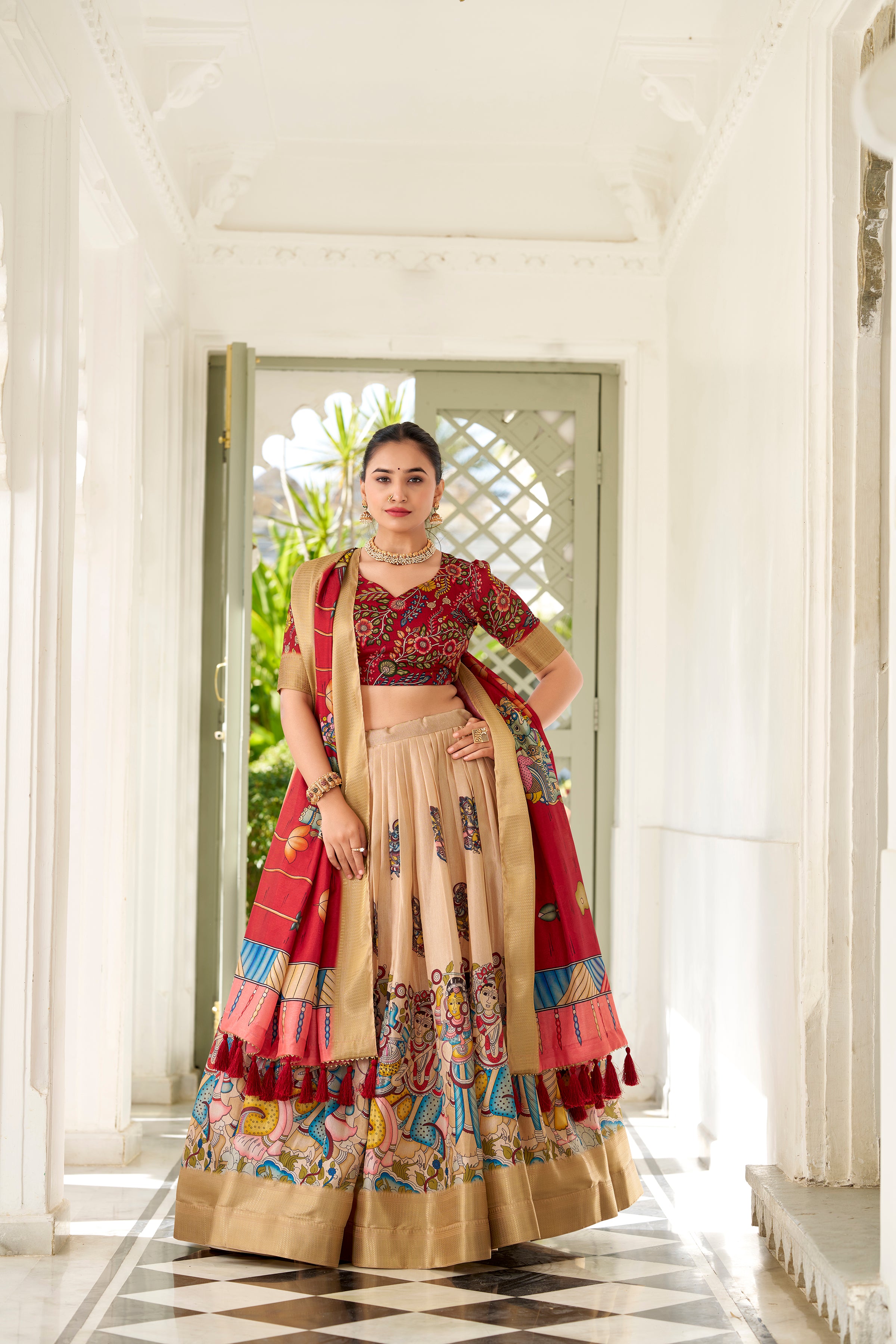 Regal Beige Handcrafted Lehenga with Traditional Motifs