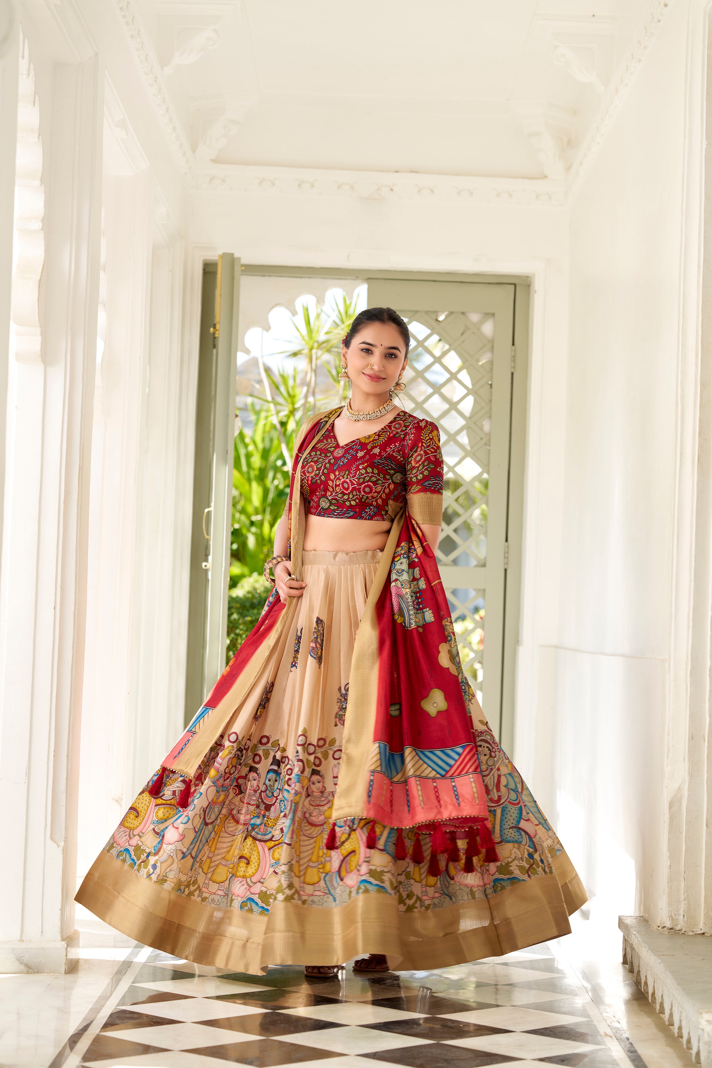 Regal Beige Handcrafted Lehenga with Traditional Motifs