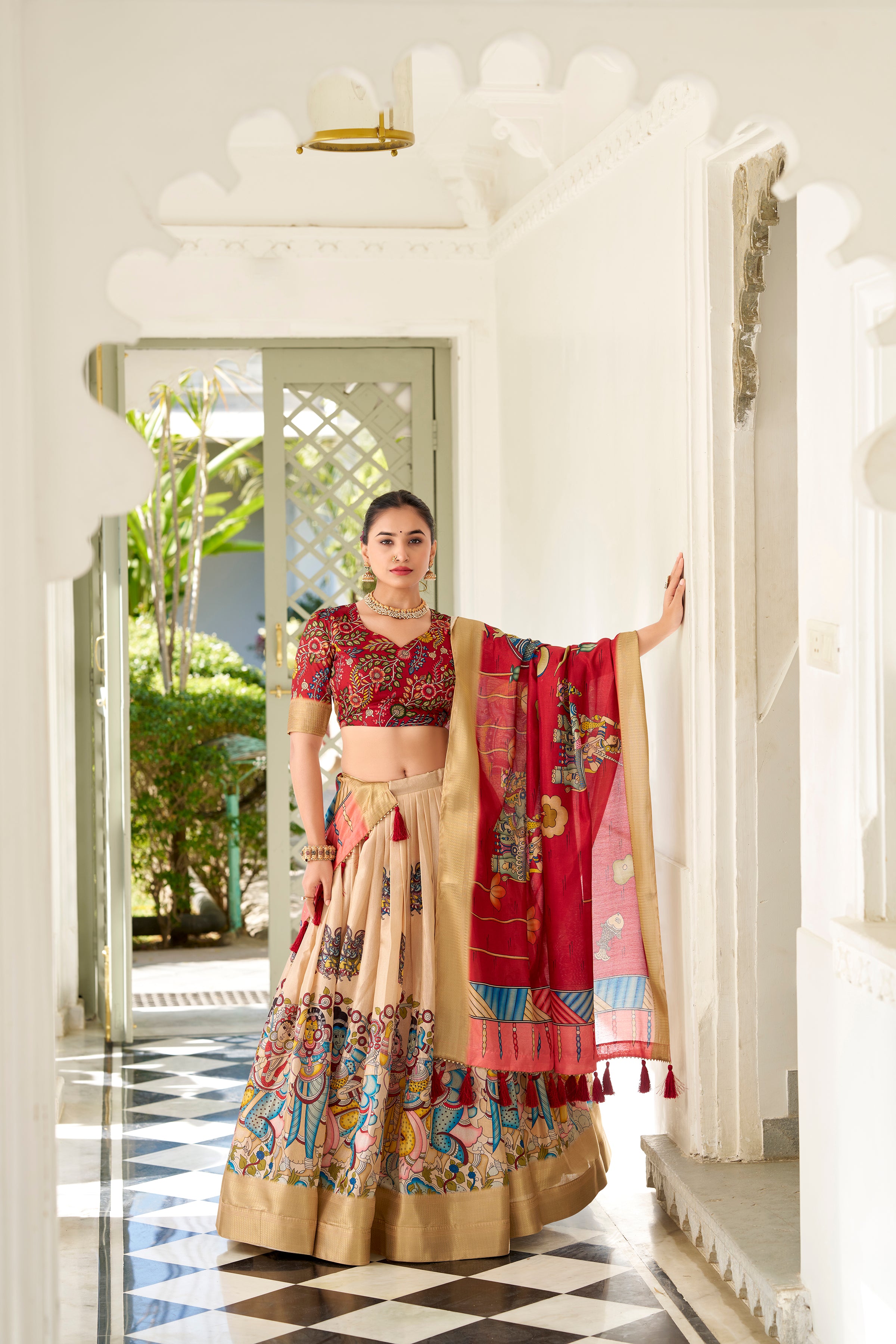 Regal Beige Handcrafted Lehenga with Traditional Motifs