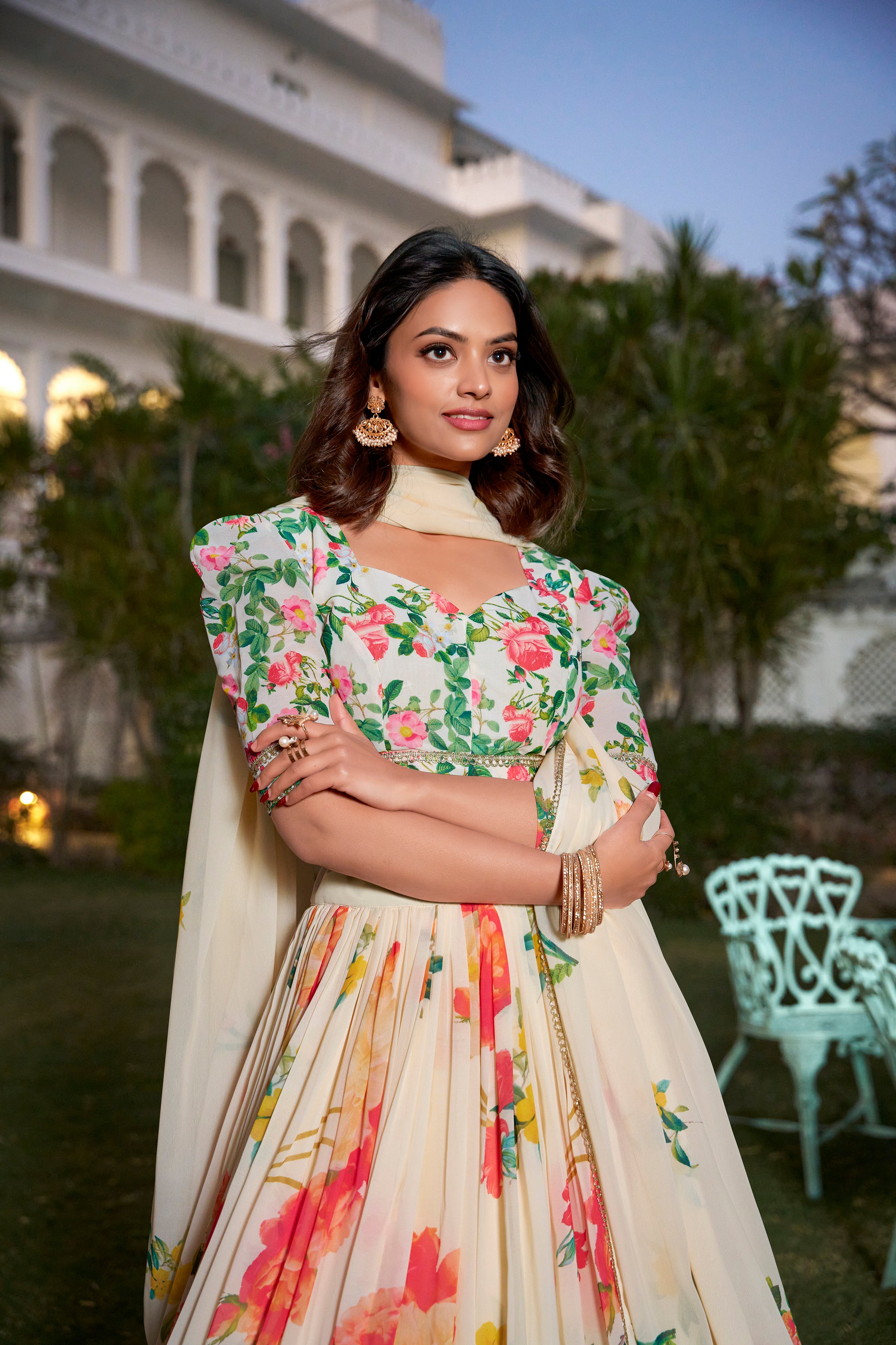 Graceful Ivory Floral Lehenga with Vibrant Blossoms