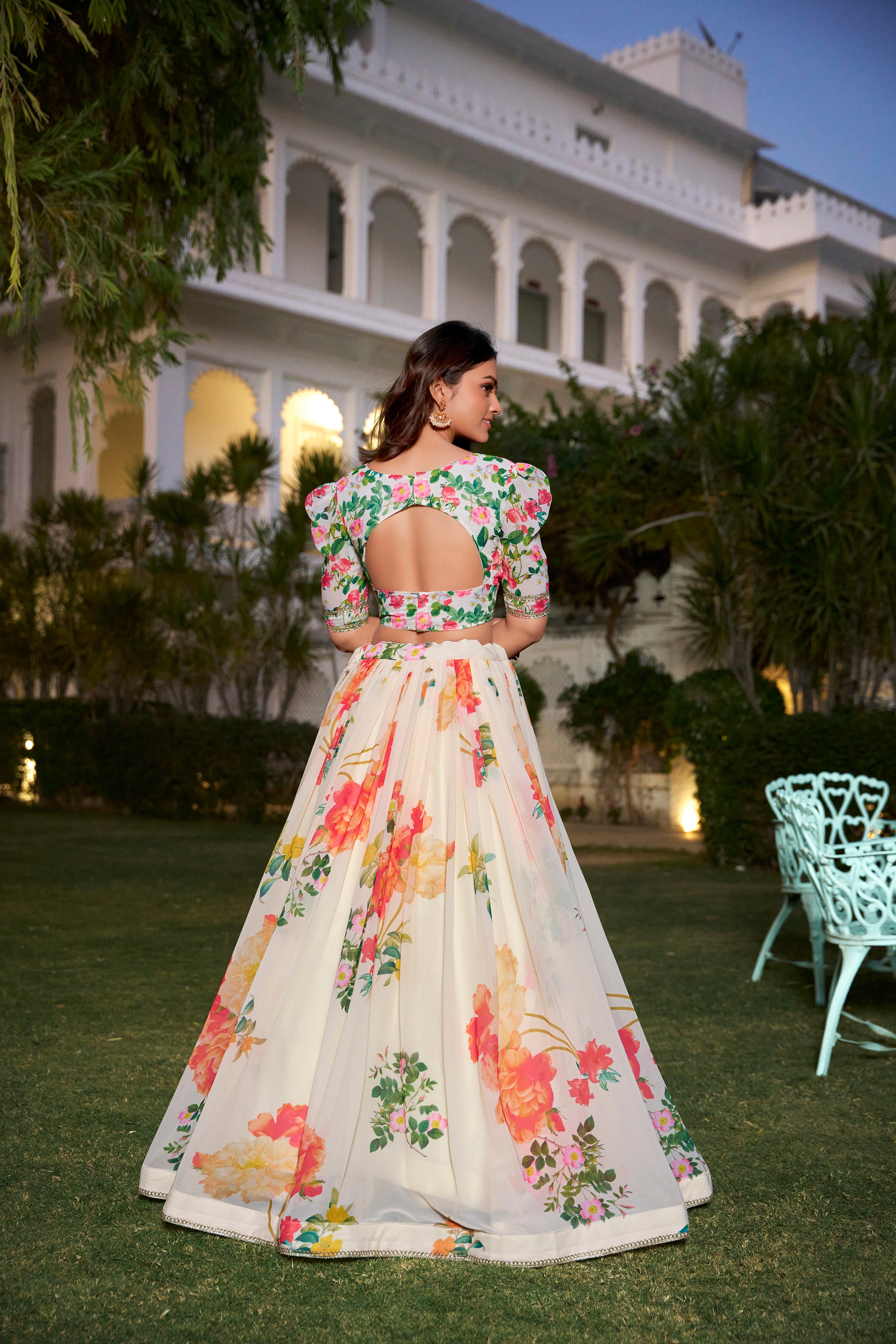 Graceful Ivory Floral Lehenga with Vibrant Blossoms