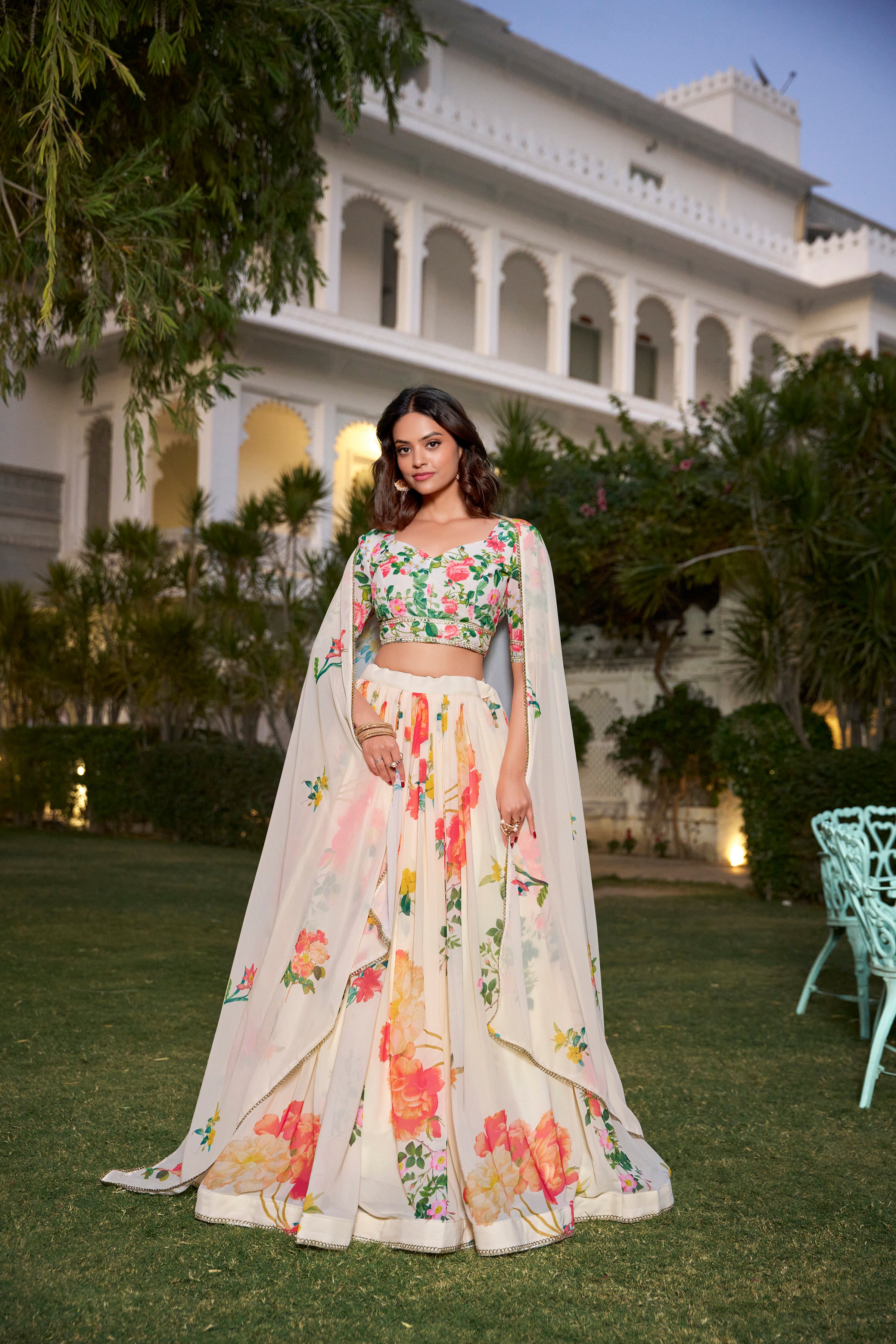 Graceful Ivory Floral Lehenga with Vibrant Blossoms