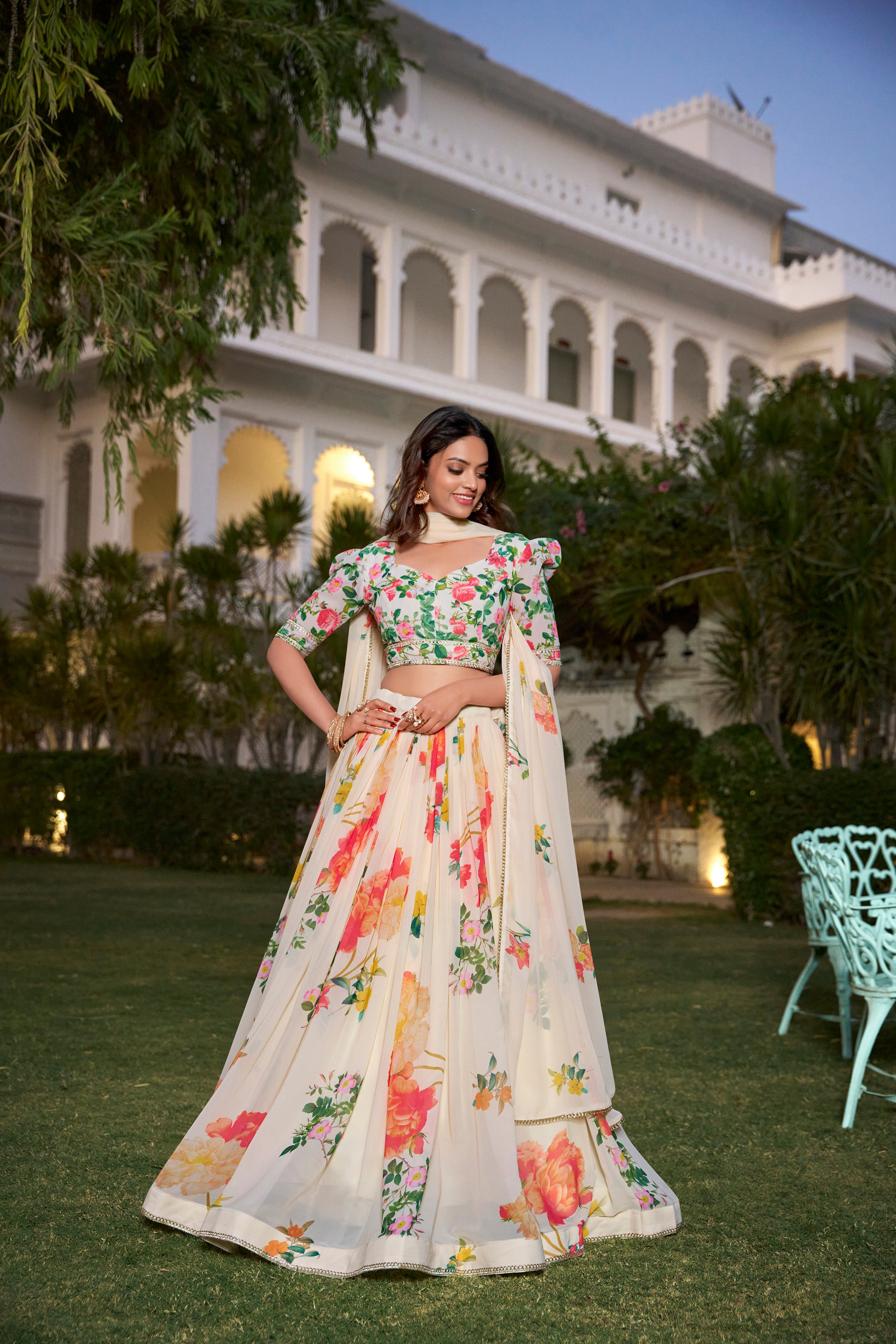 Graceful Ivory Floral Lehenga with Vibrant Blossoms
