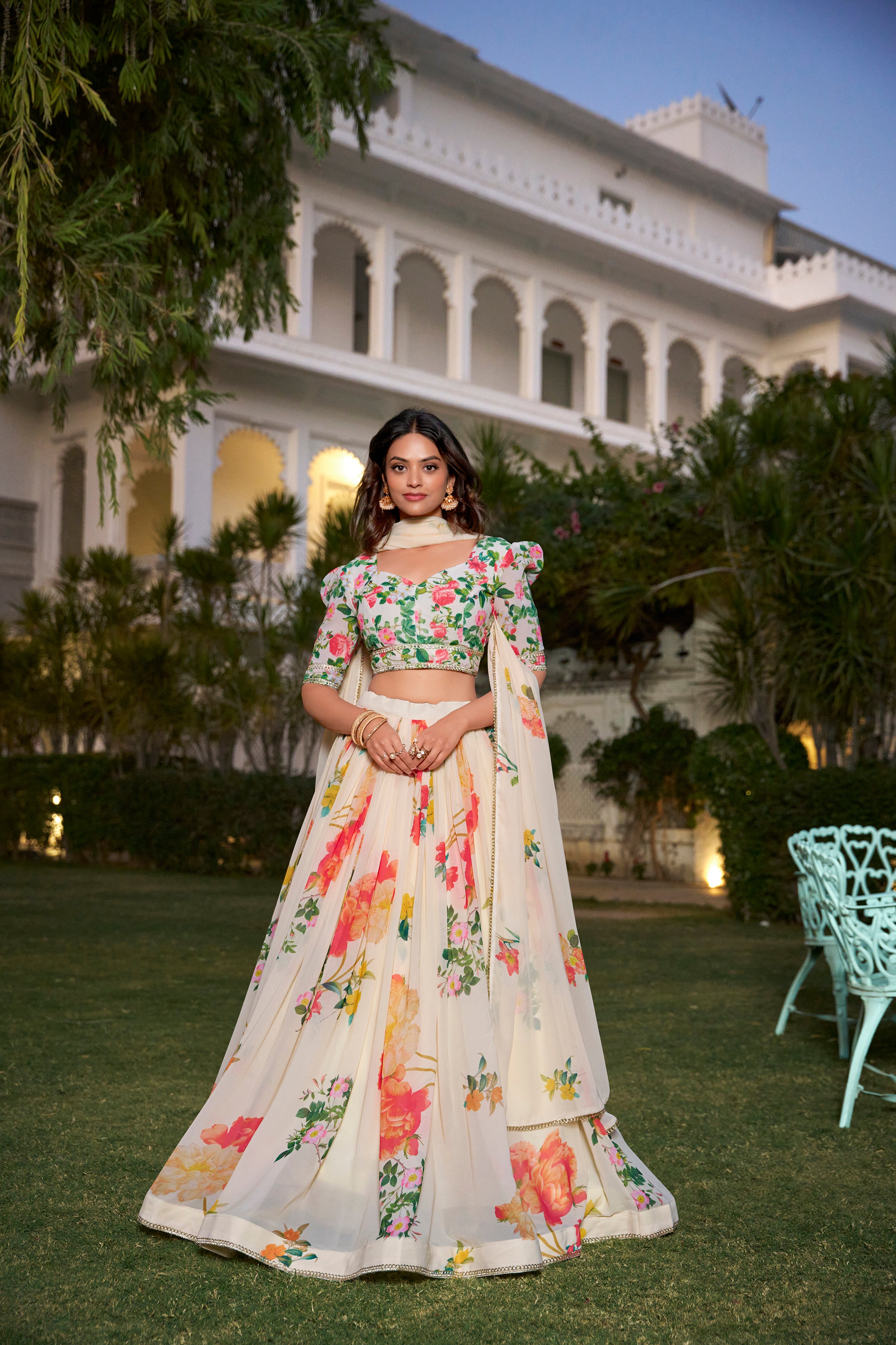 Graceful Ivory Floral Lehenga with Vibrant Blossoms