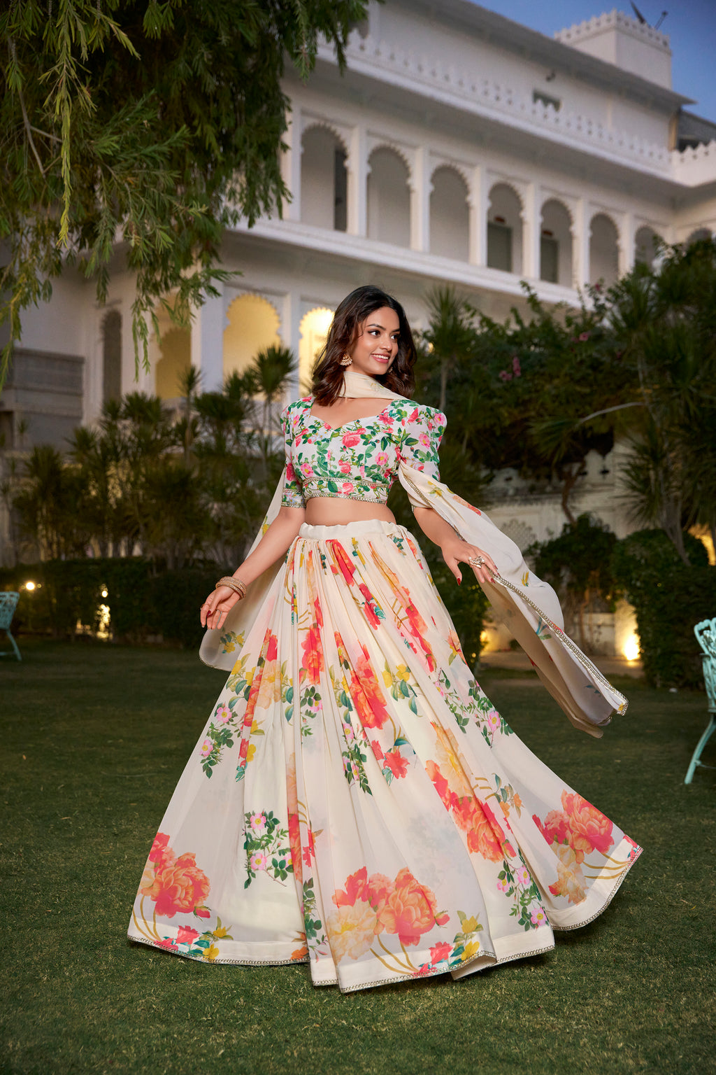 Graceful Ivory Floral Lehenga with Vibrant Blossoms