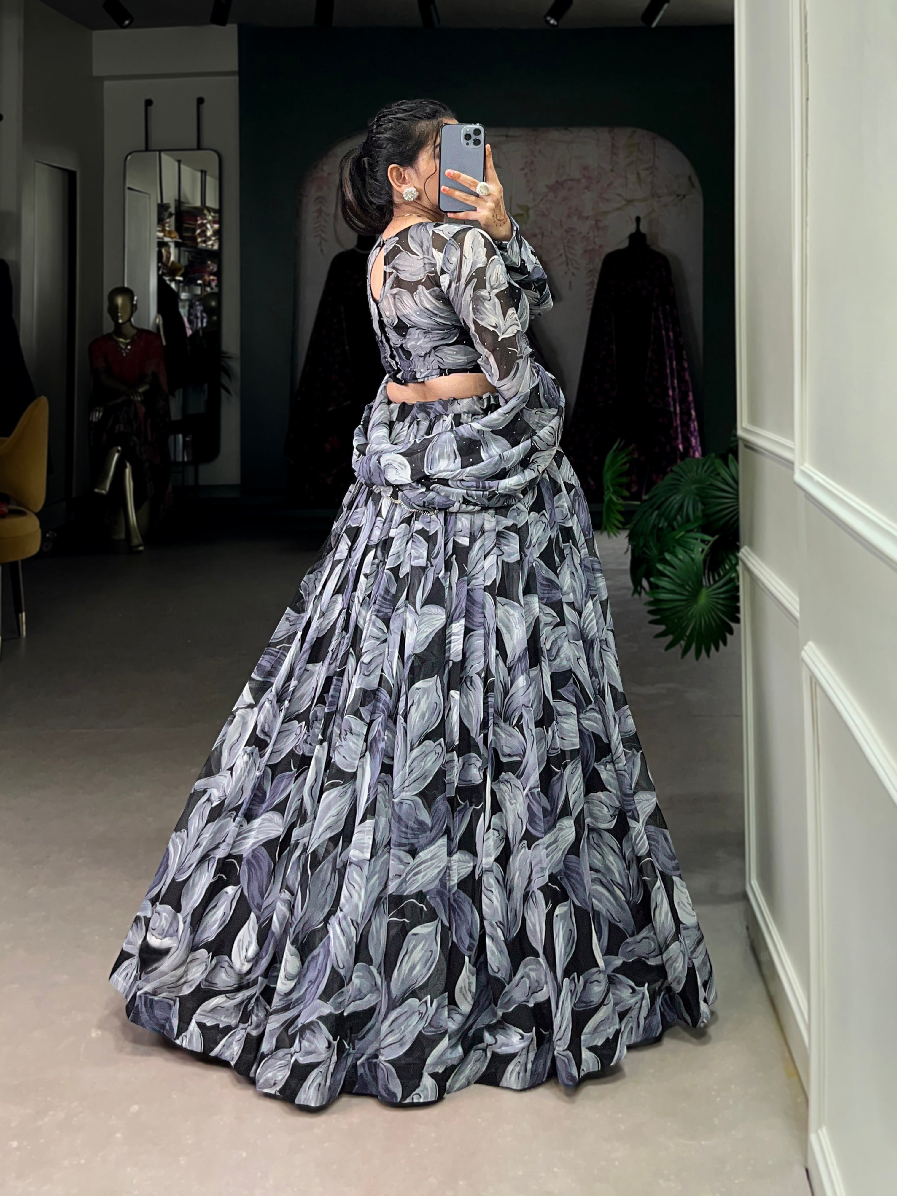 Bold Leaf Print Lehenga with Contemporary Elegance