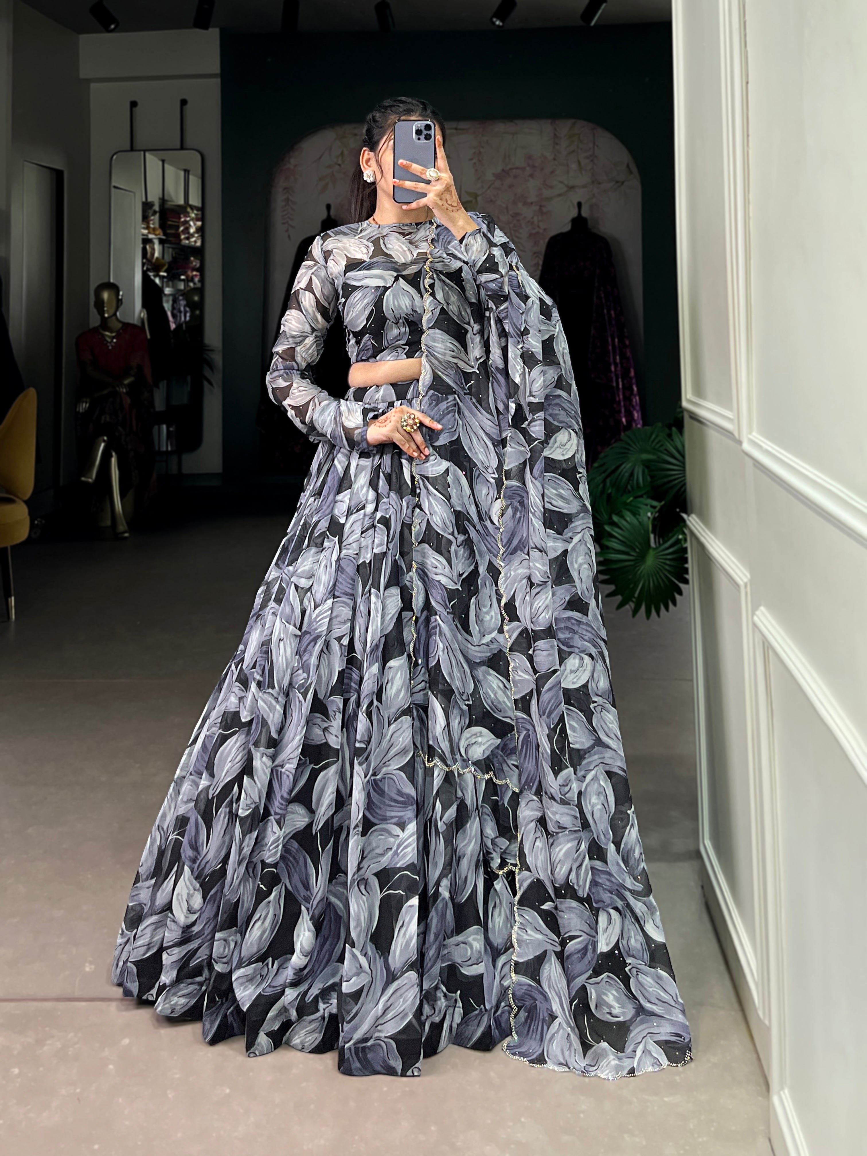 Bold Leaf Print Lehenga with Contemporary Elegance