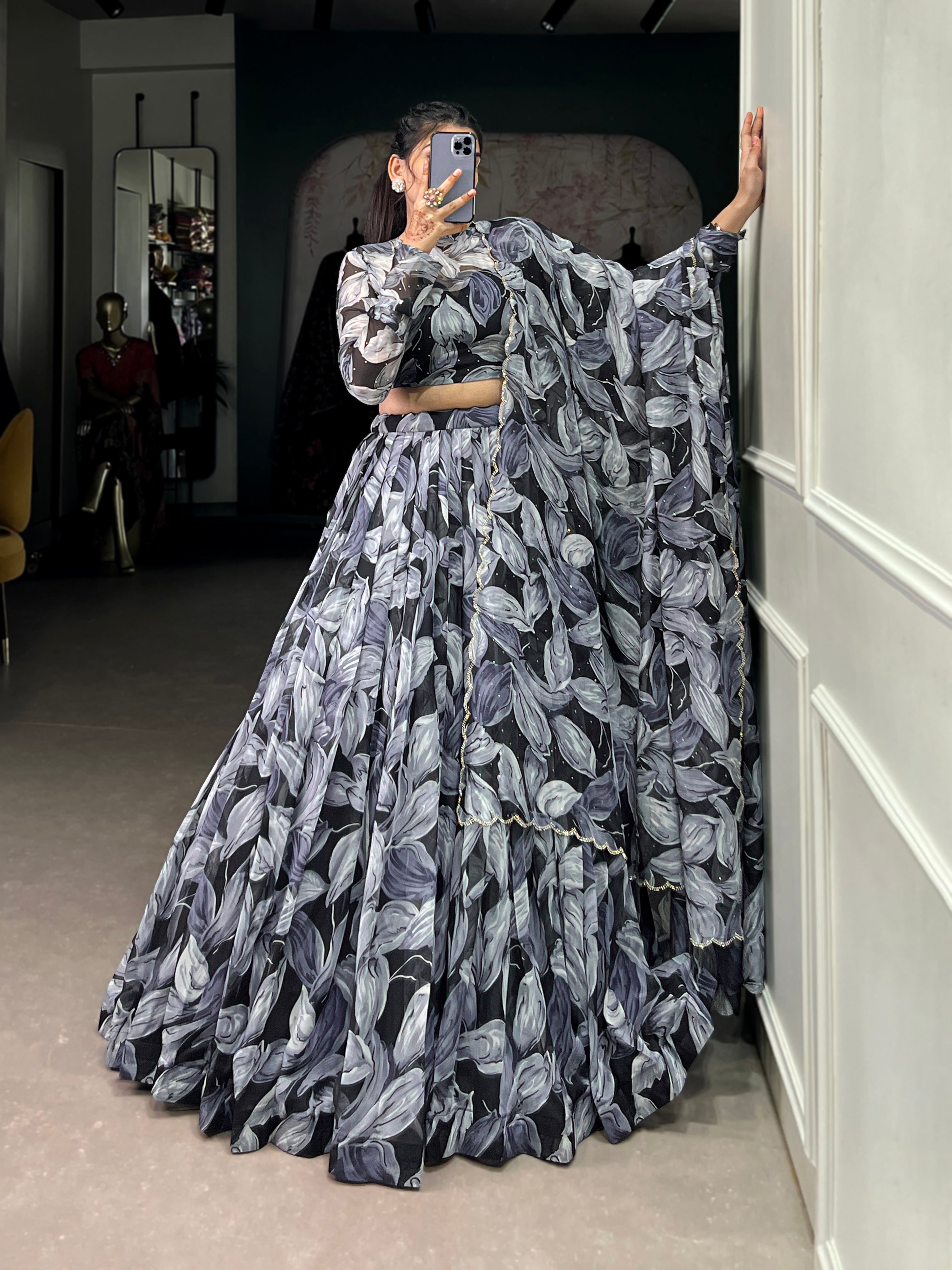 Bold Leaf Print Lehenga with Contemporary Elegance