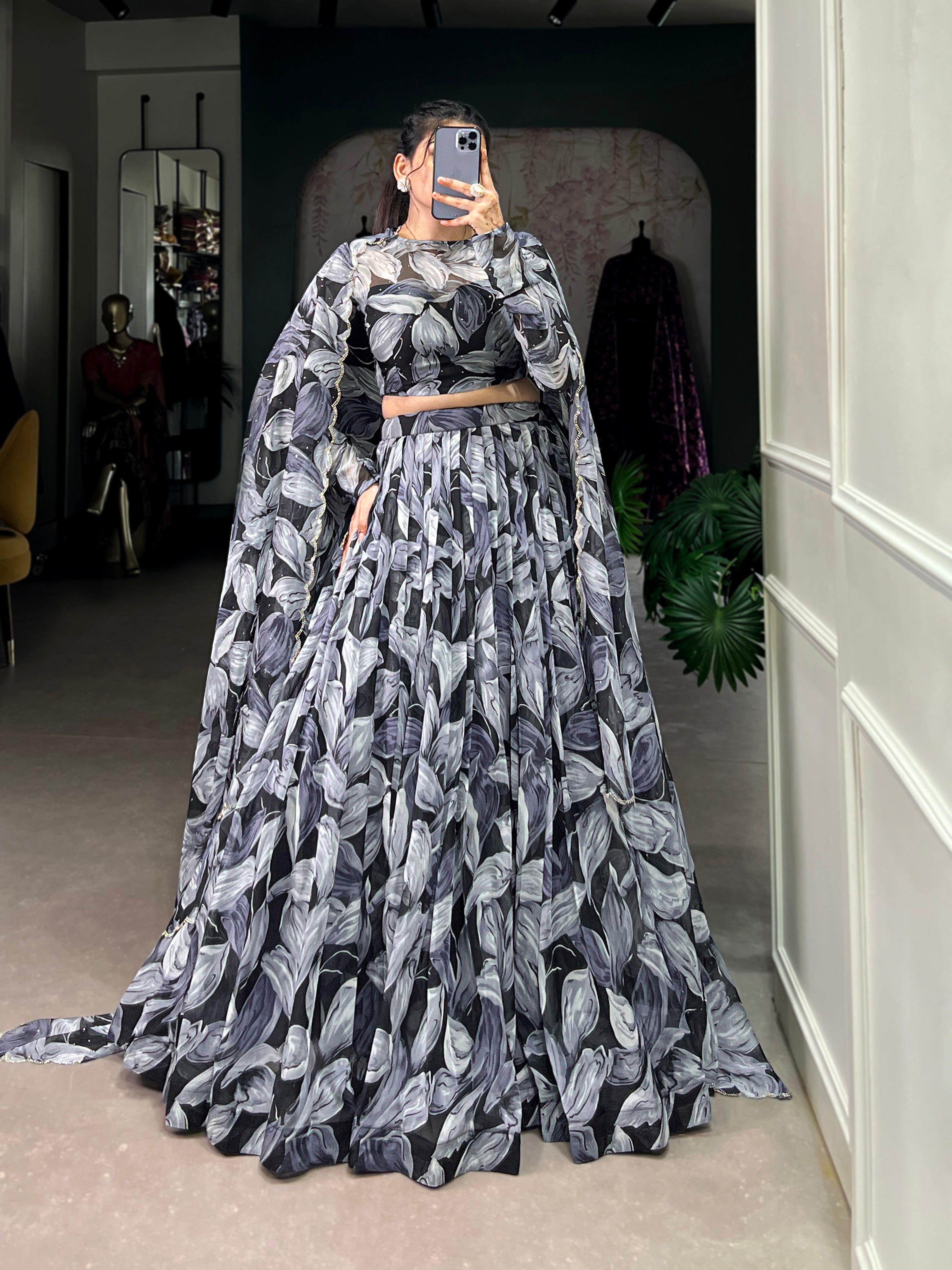 Bold Leaf Print Lehenga with Contemporary Elegance