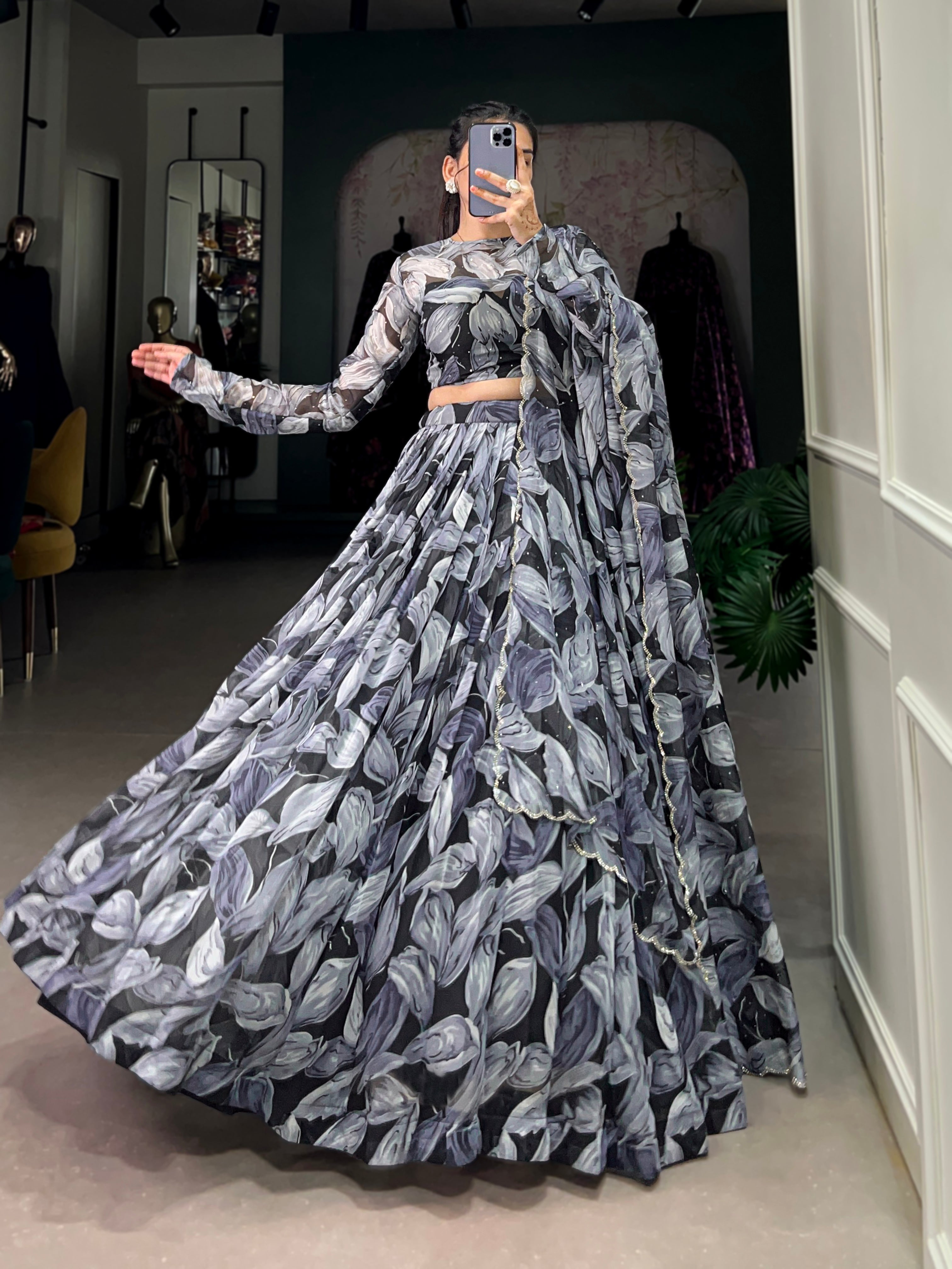 Bold Leaf Print Lehenga with Contemporary Elegance