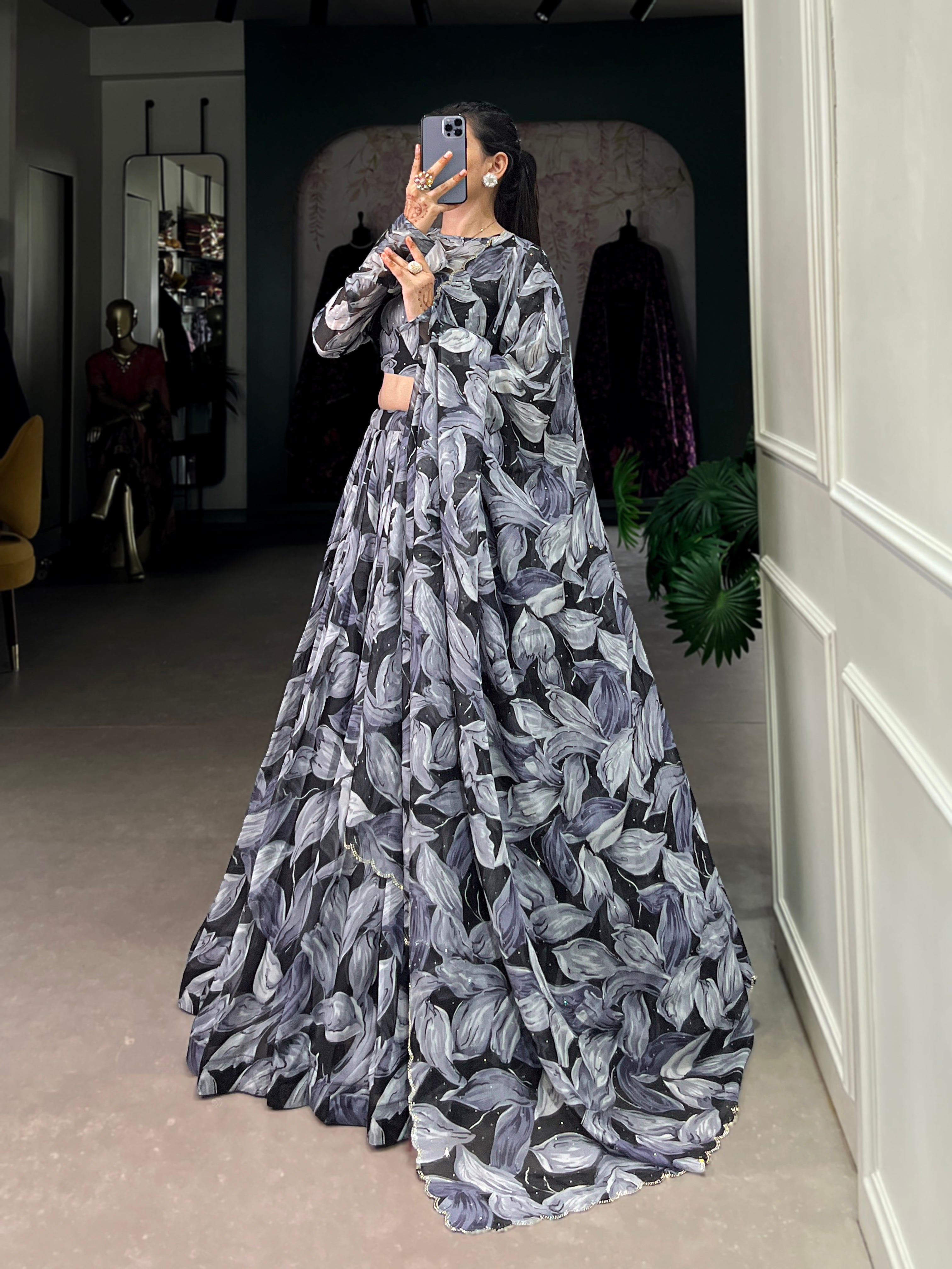 Bold Leaf Print Lehenga with Contemporary Elegance