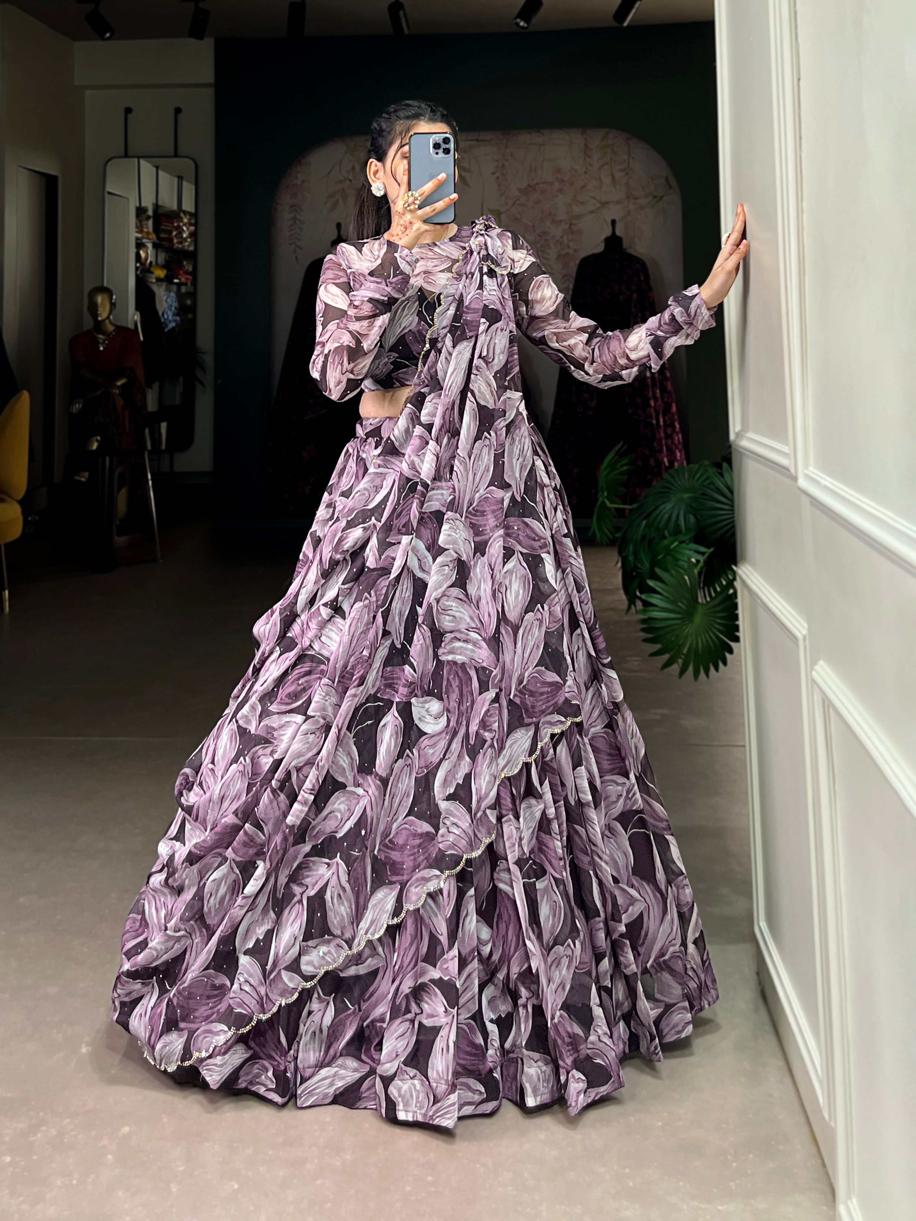 Bold Leaf Print Lehenga with Contemporary Elegance
