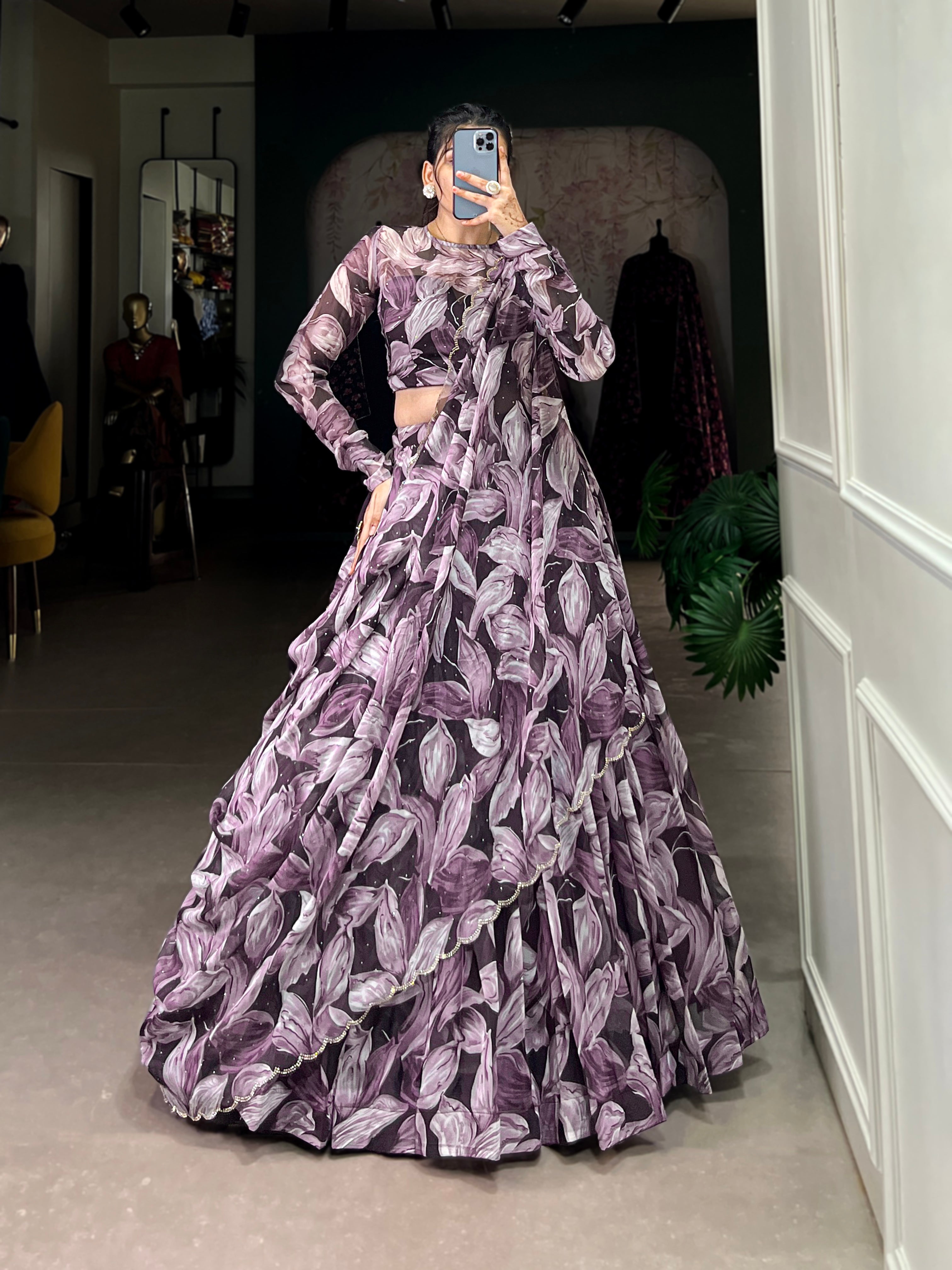 Bold Leaf Print Lehenga with Contemporary Elegance