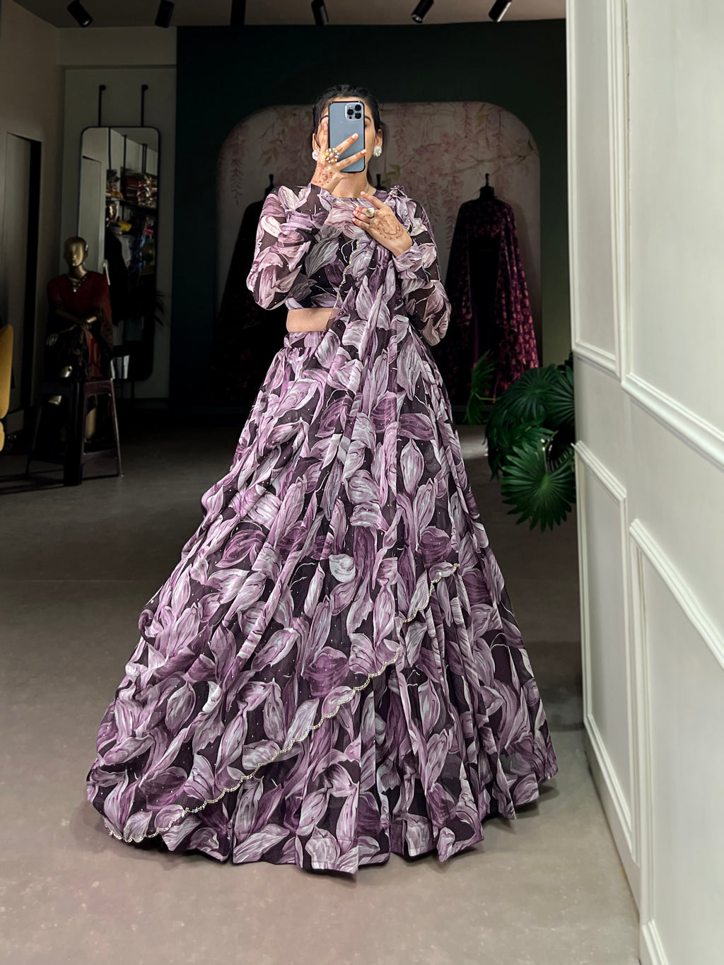 Bold Leaf Print Lehenga with Contemporary Elegance