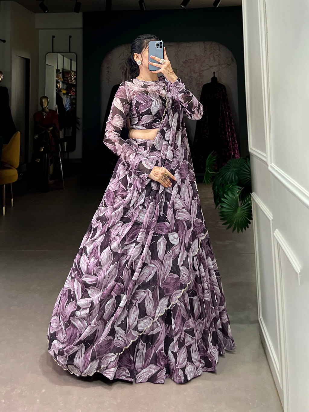 Bold Leaf Print Lehenga with Contemporary Elegance