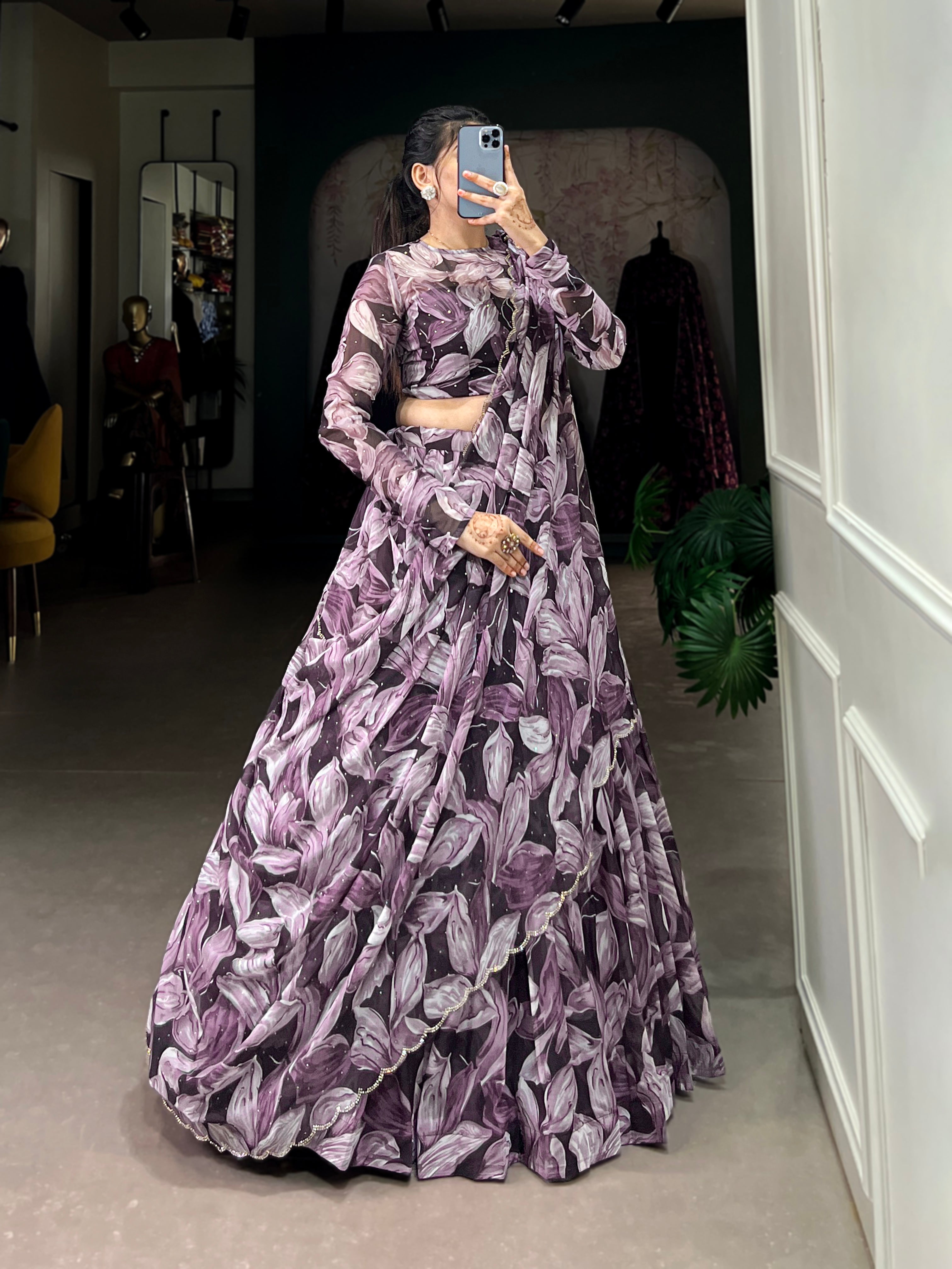 Bold Leaf Print Lehenga with Contemporary Elegance