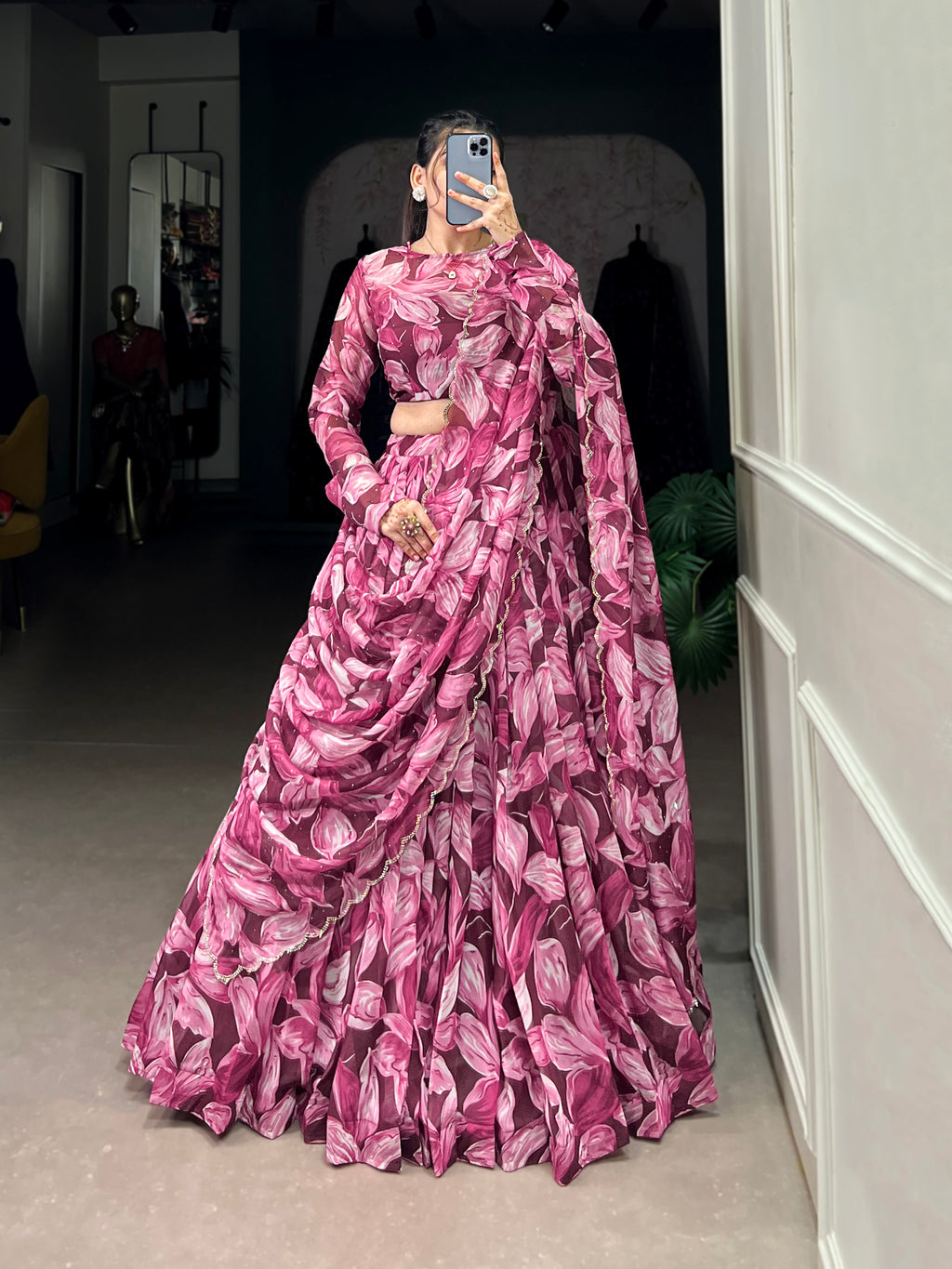 Bold Leaf Print Lehenga with Contemporary Elegance
