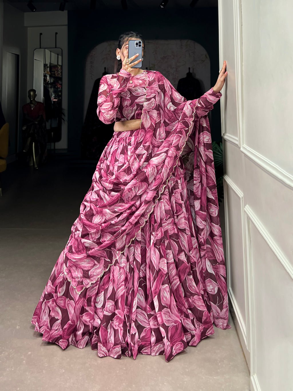 Bold Leaf Print Lehenga with Contemporary Elegance