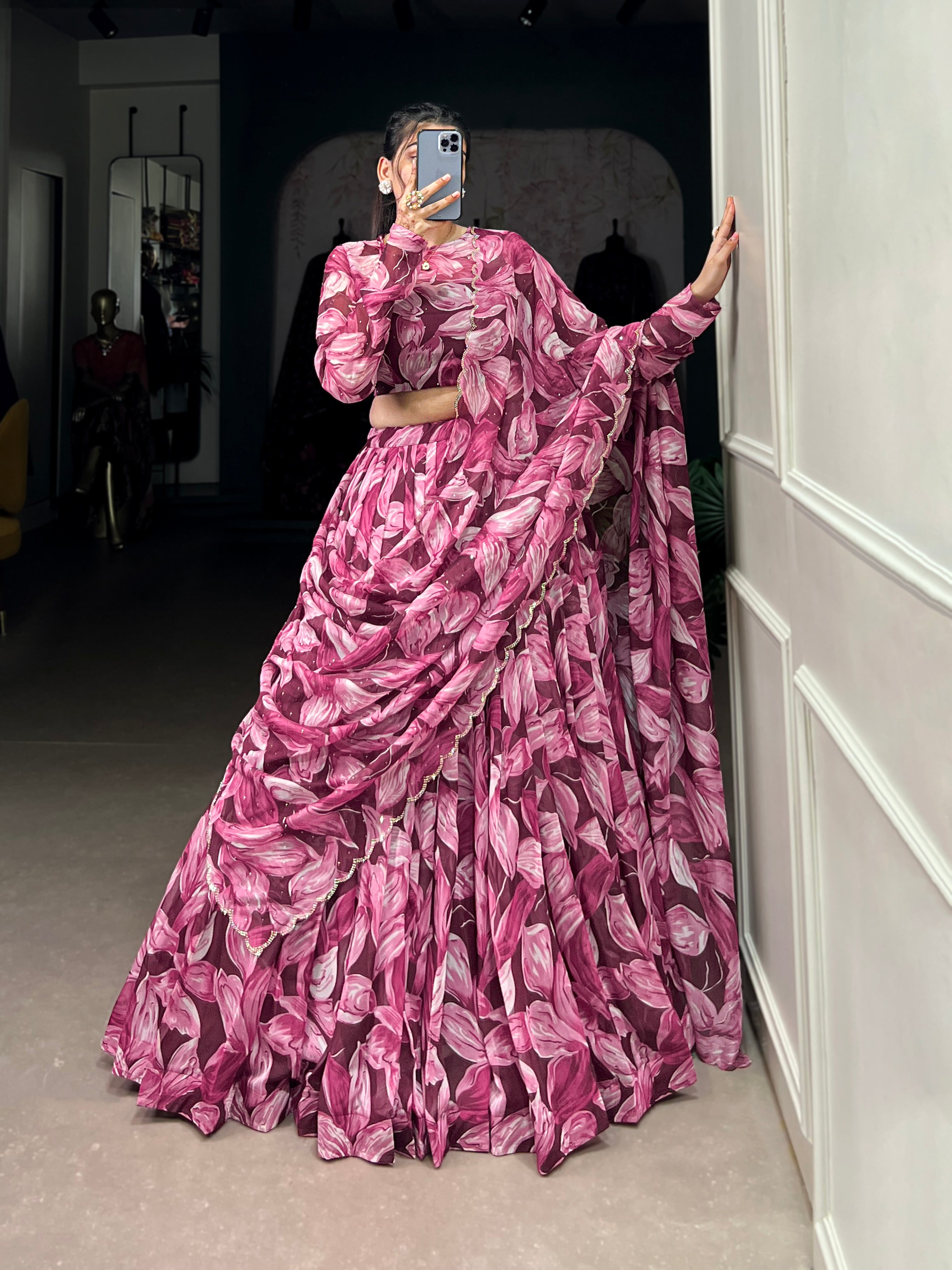Bold Leaf Print Lehenga with Contemporary Elegance