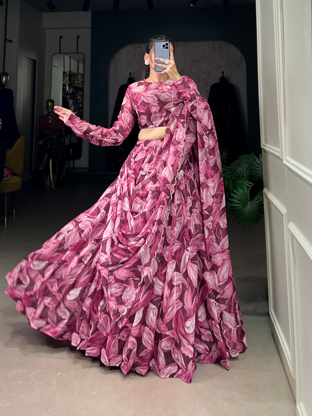 Bold Leaf Print Lehenga with Contemporary Elegance