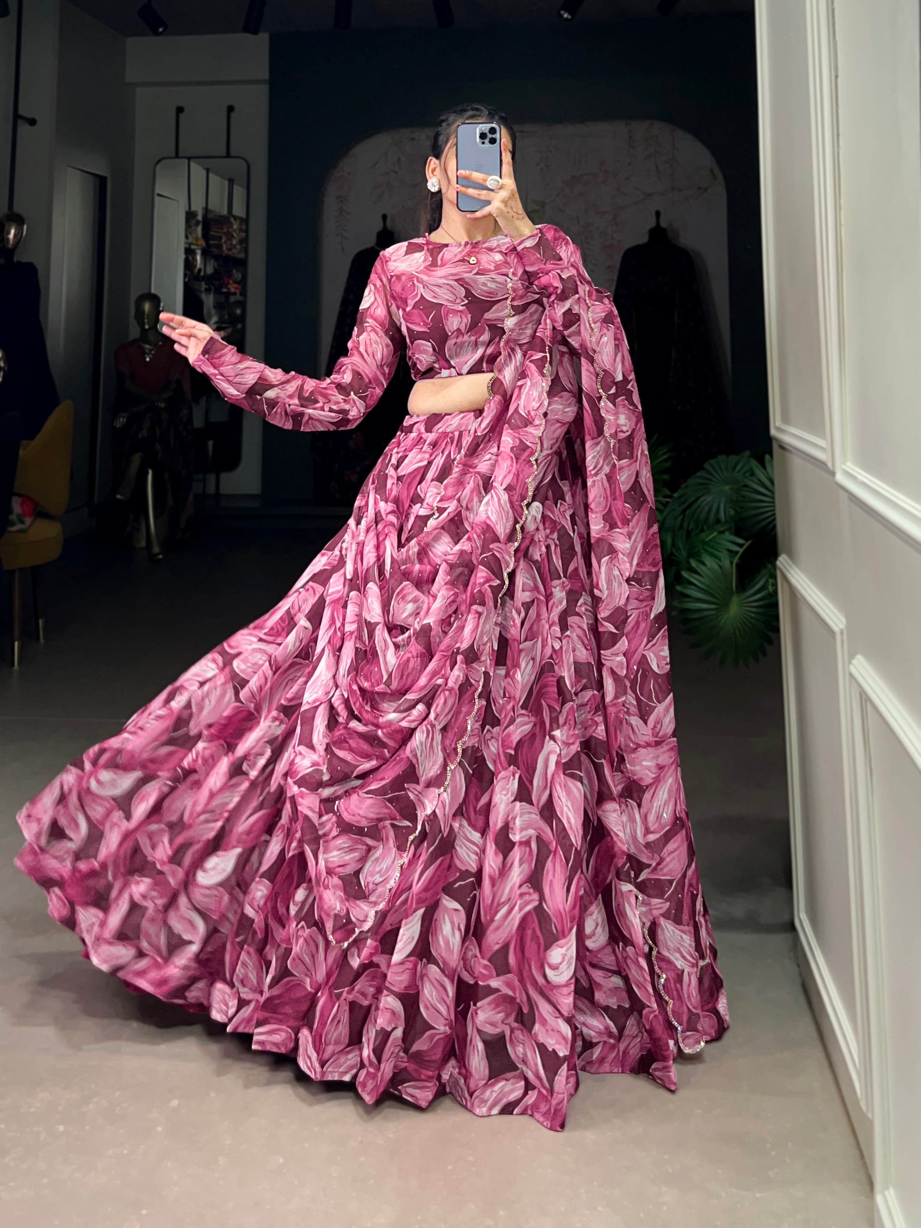 Bold Leaf Print Lehenga with Contemporary Elegance