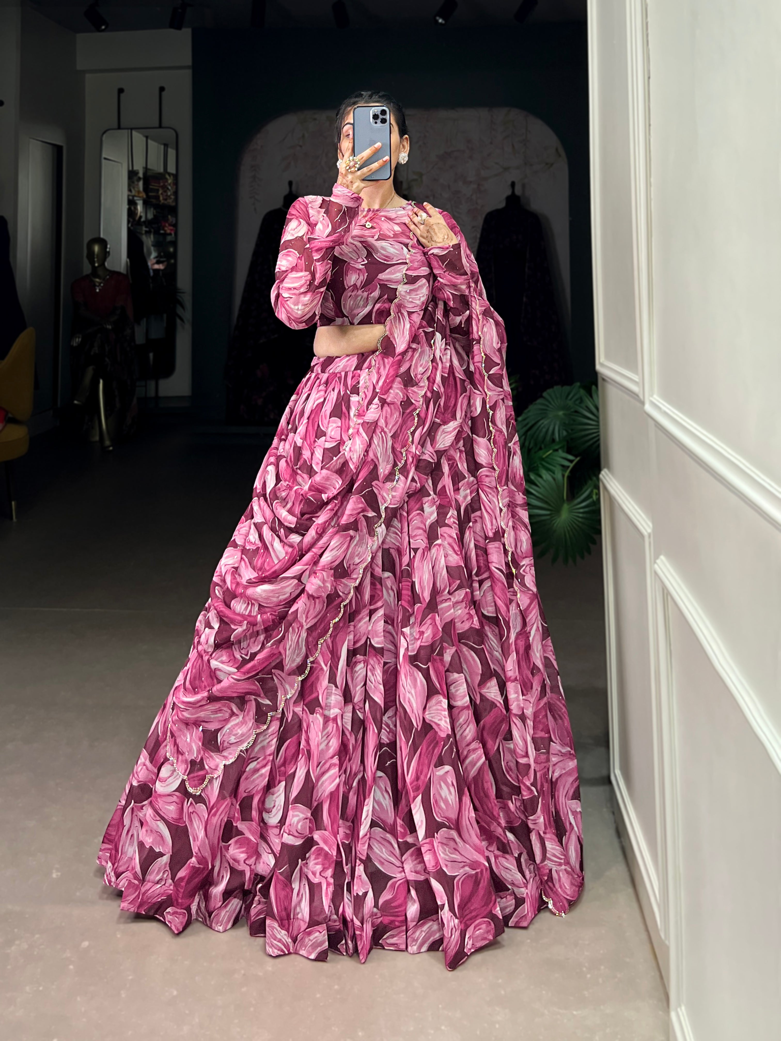 Bold Leaf Print Lehenga with Contemporary Elegance