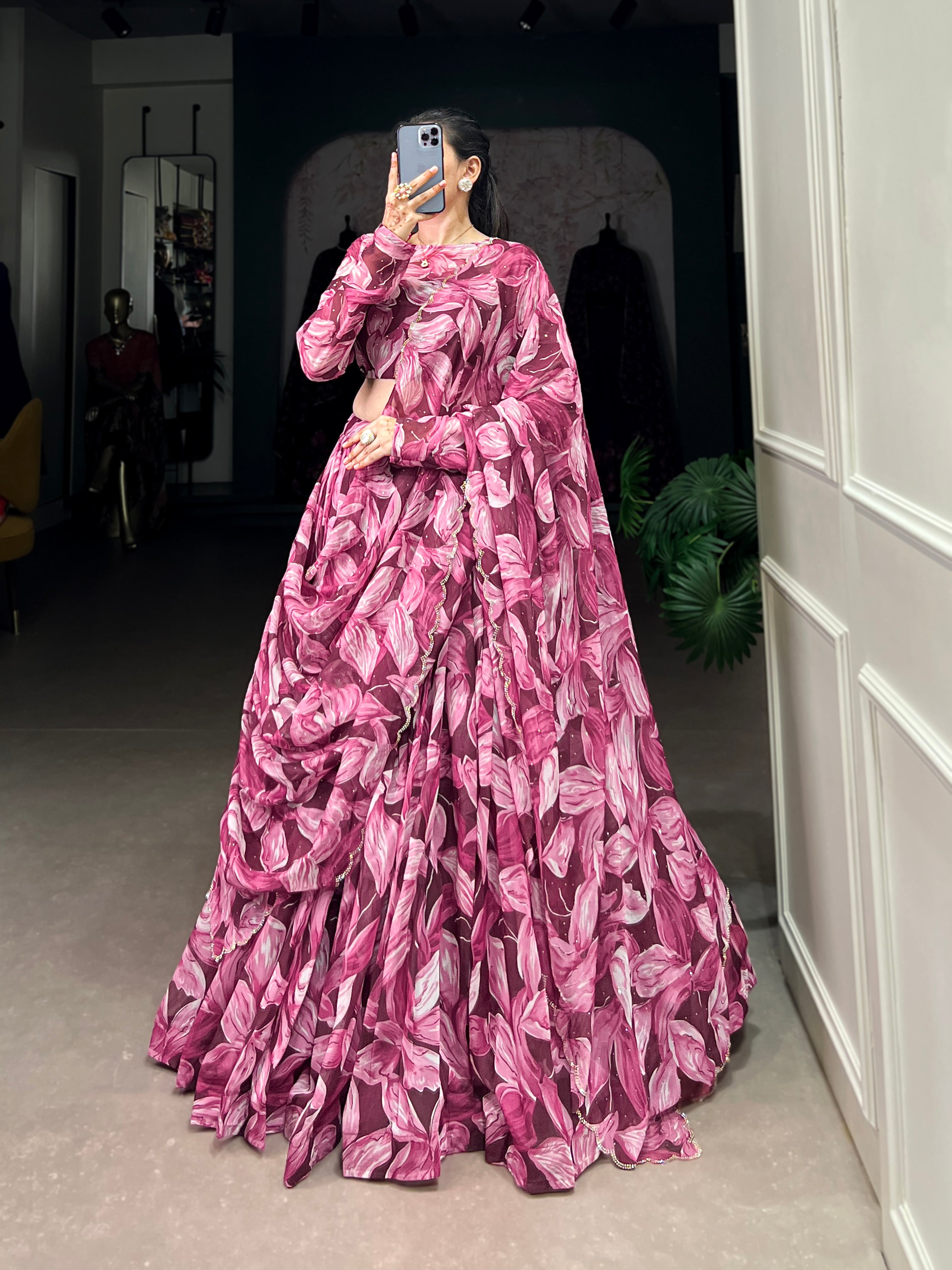 Bold Leaf Print Lehenga with Contemporary Elegance