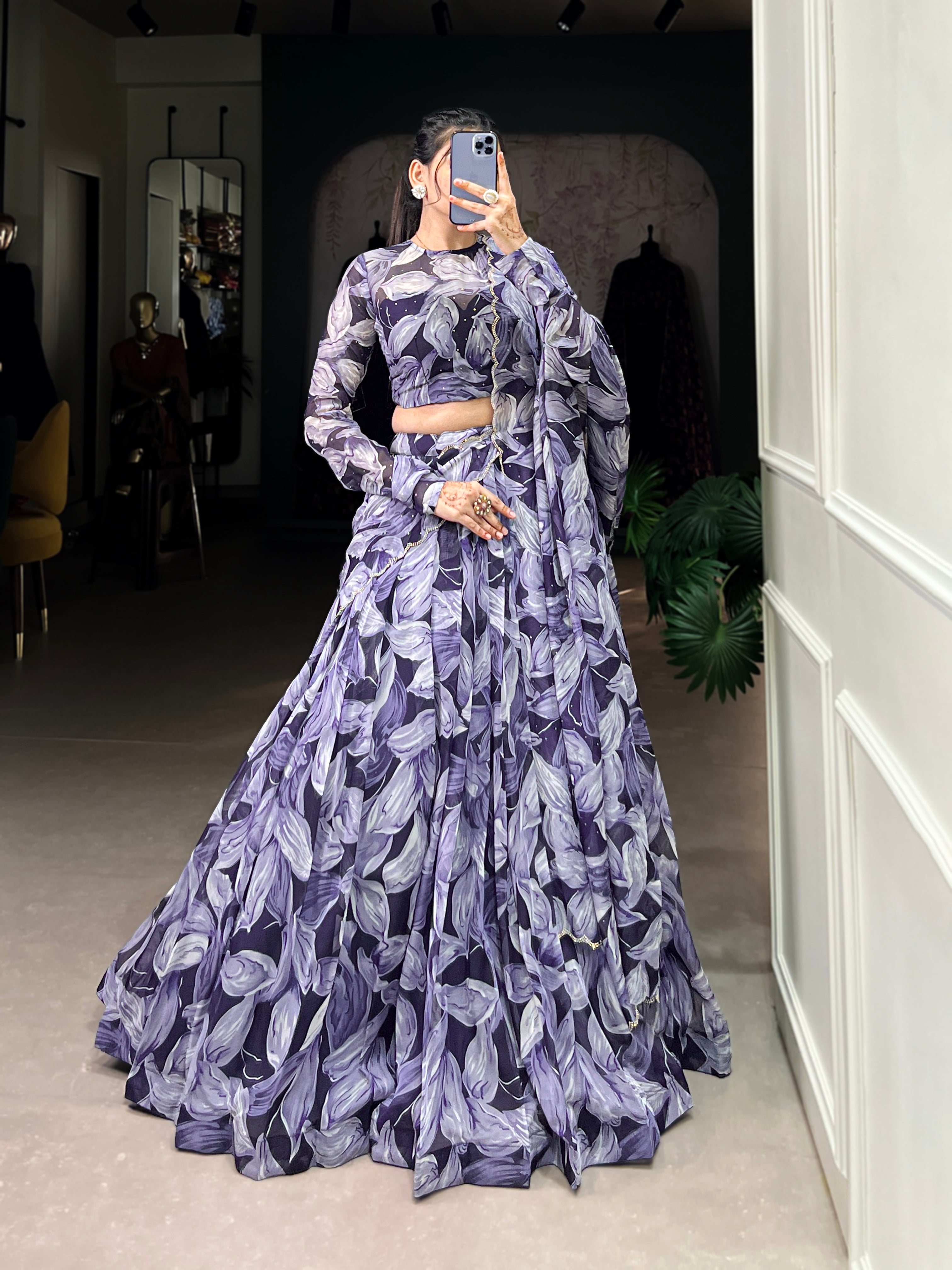 Bold Leaf Print Lehenga with Contemporary Elegance