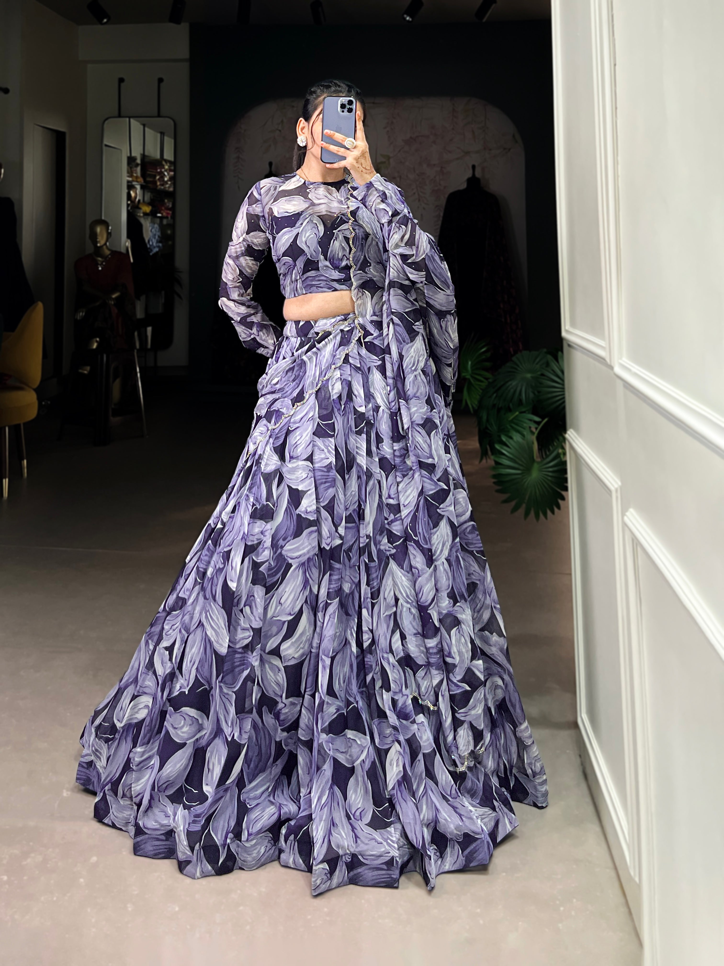 Bold Leaf Print Lehenga with Contemporary Elegance