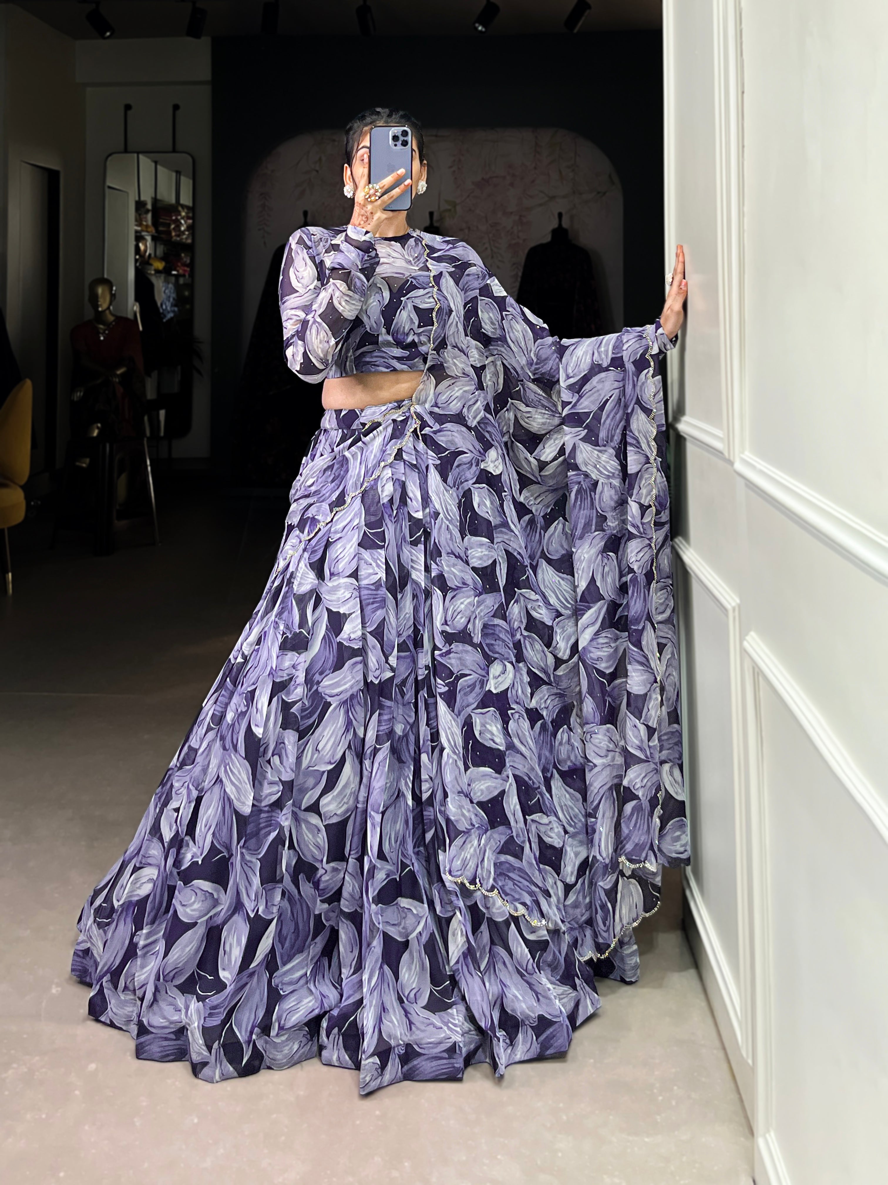 Bold Leaf Print Lehenga with Contemporary Elegance