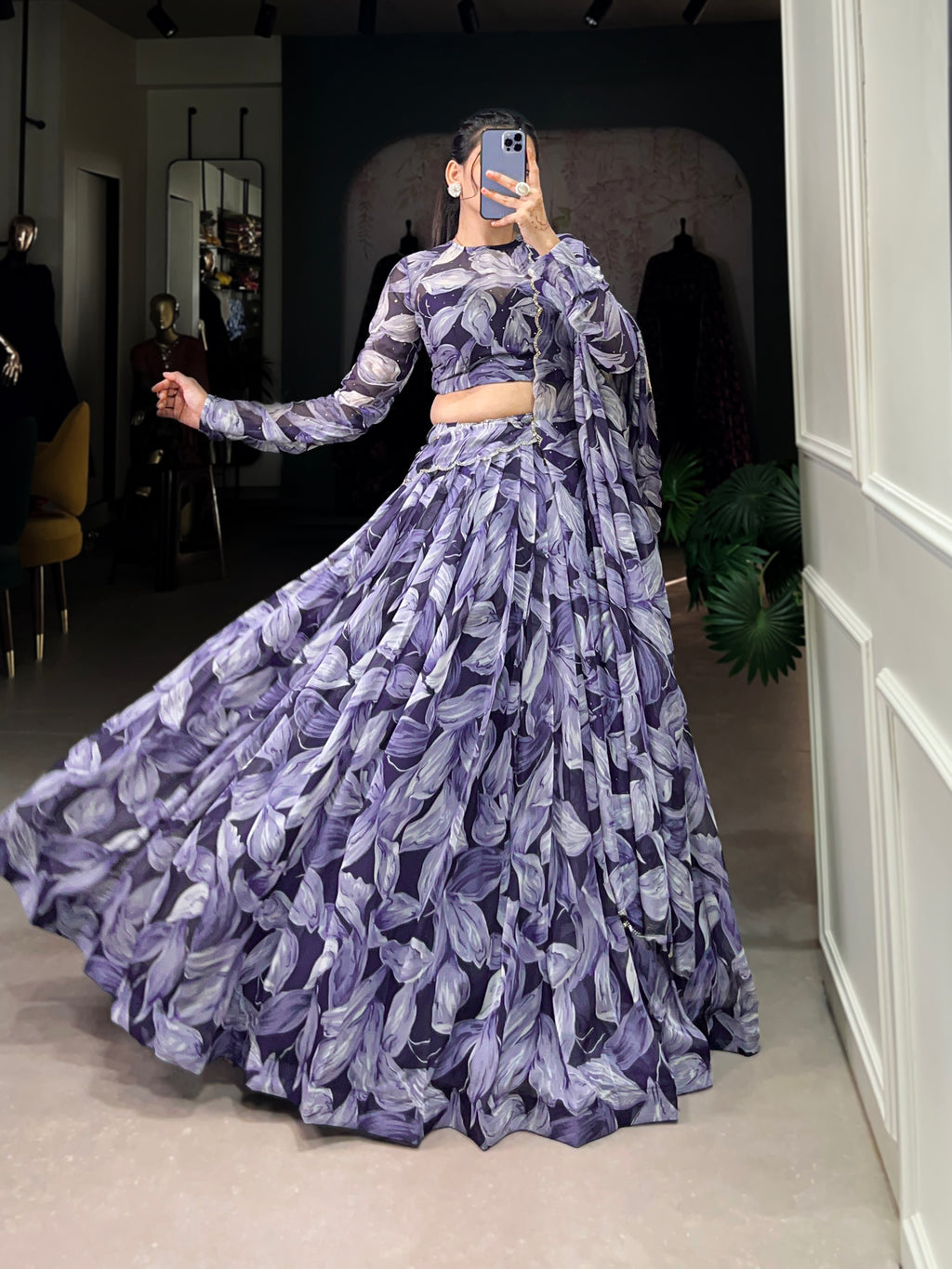 Bold Leaf Print Lehenga with Contemporary Elegance