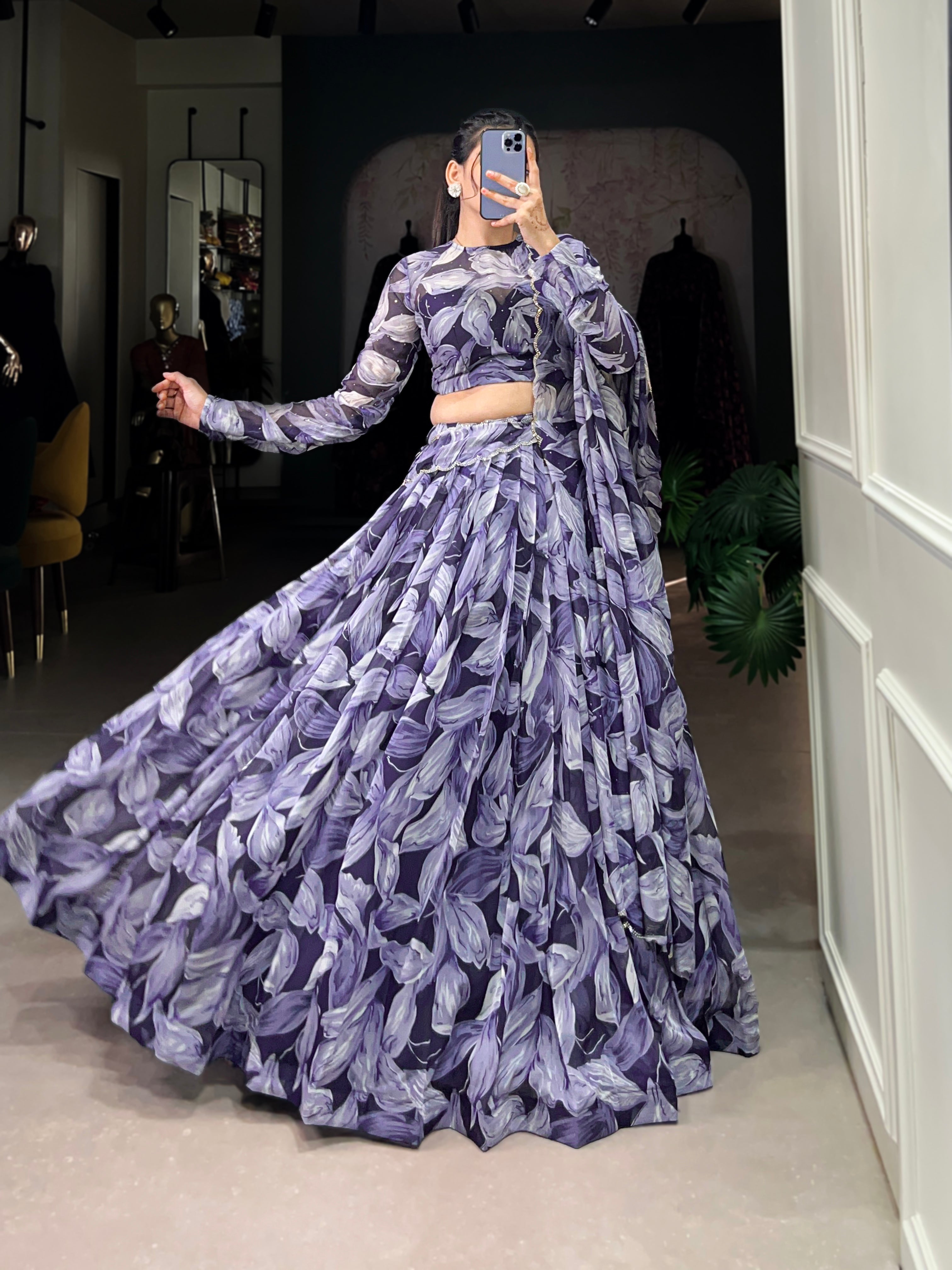 Bold Leaf Print Lehenga with Contemporary Elegance