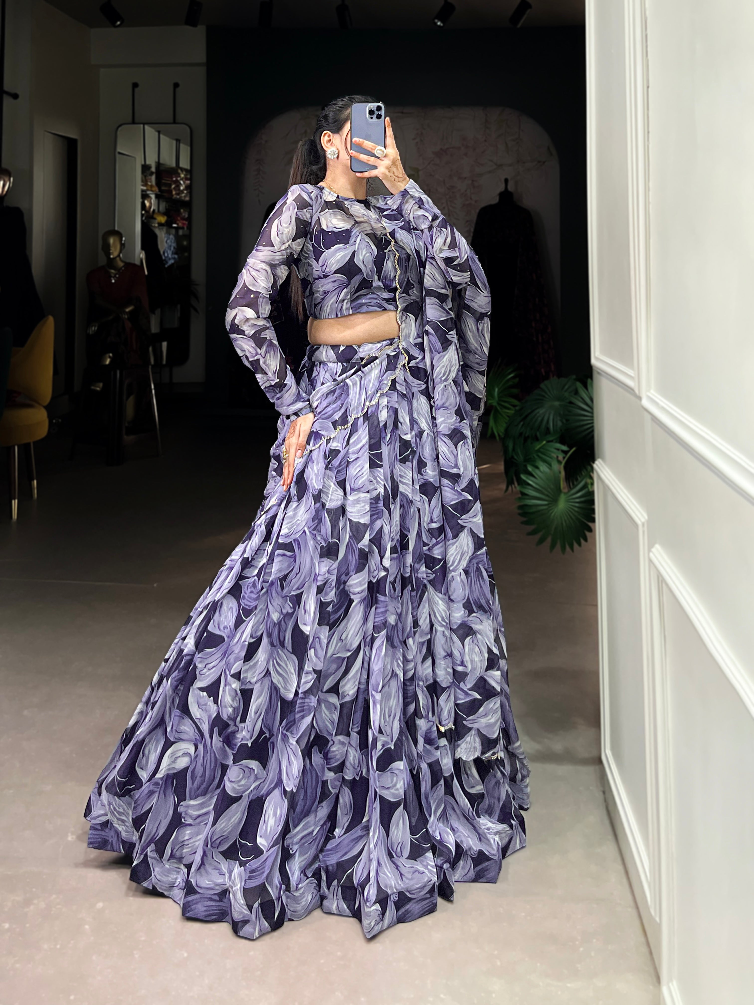 Bold Leaf Print Lehenga with Contemporary Elegance