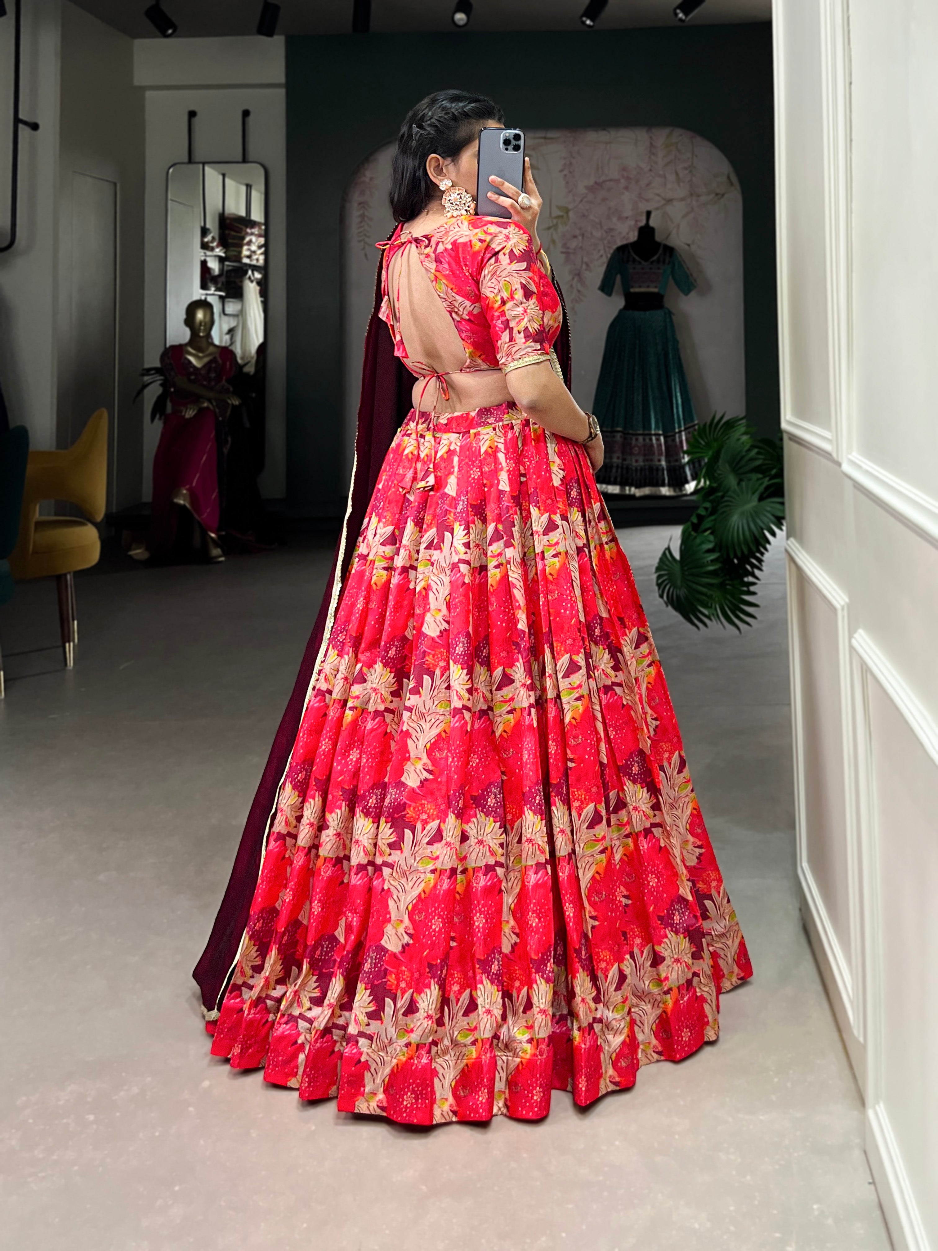 Radiant Red Floral Lehenga with Elegant Maroon Dupatta