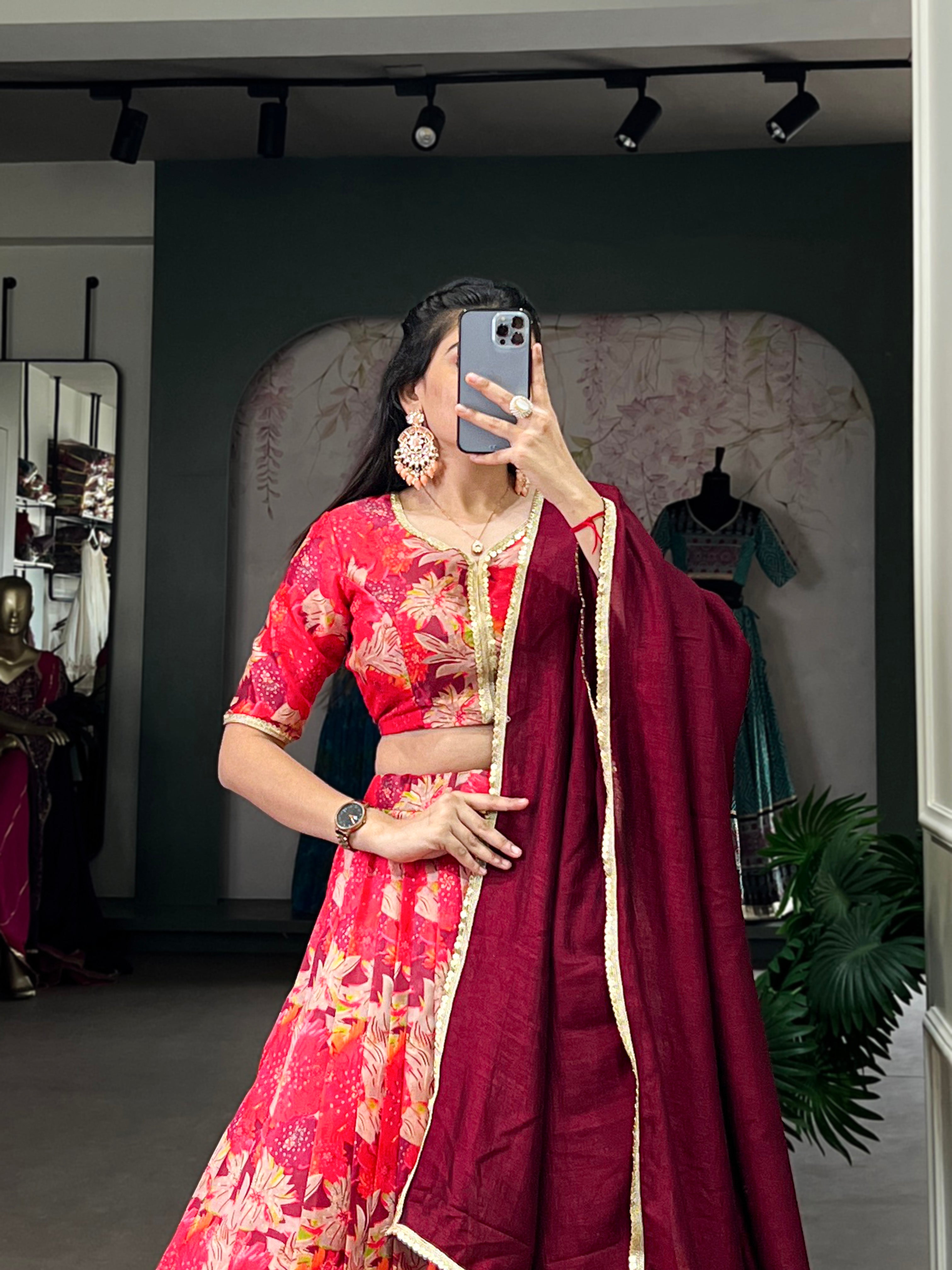 Radiant Red Floral Lehenga with Elegant Maroon Dupatta