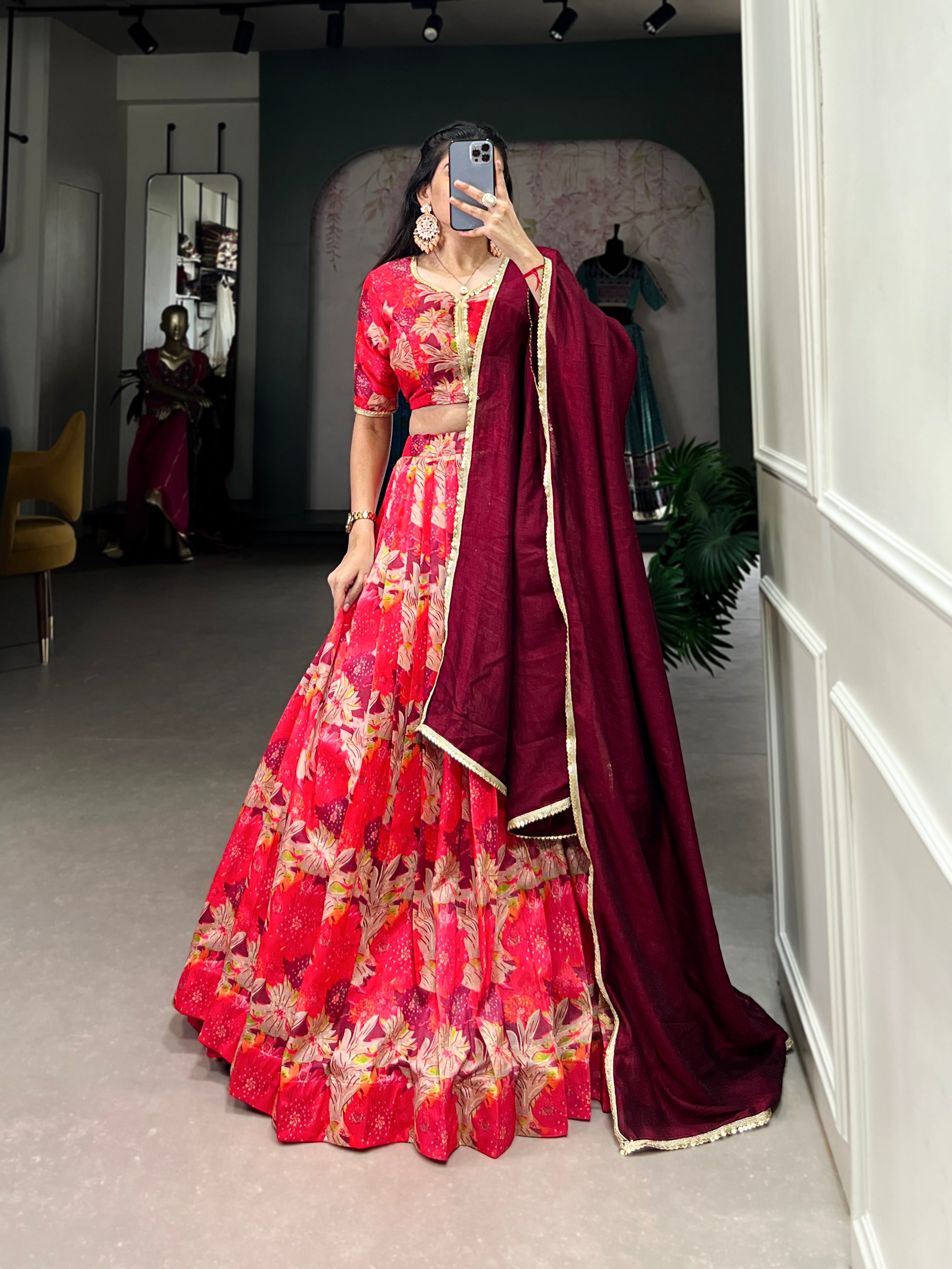 Radiant Red Floral Lehenga with Elegant Maroon Dupatta