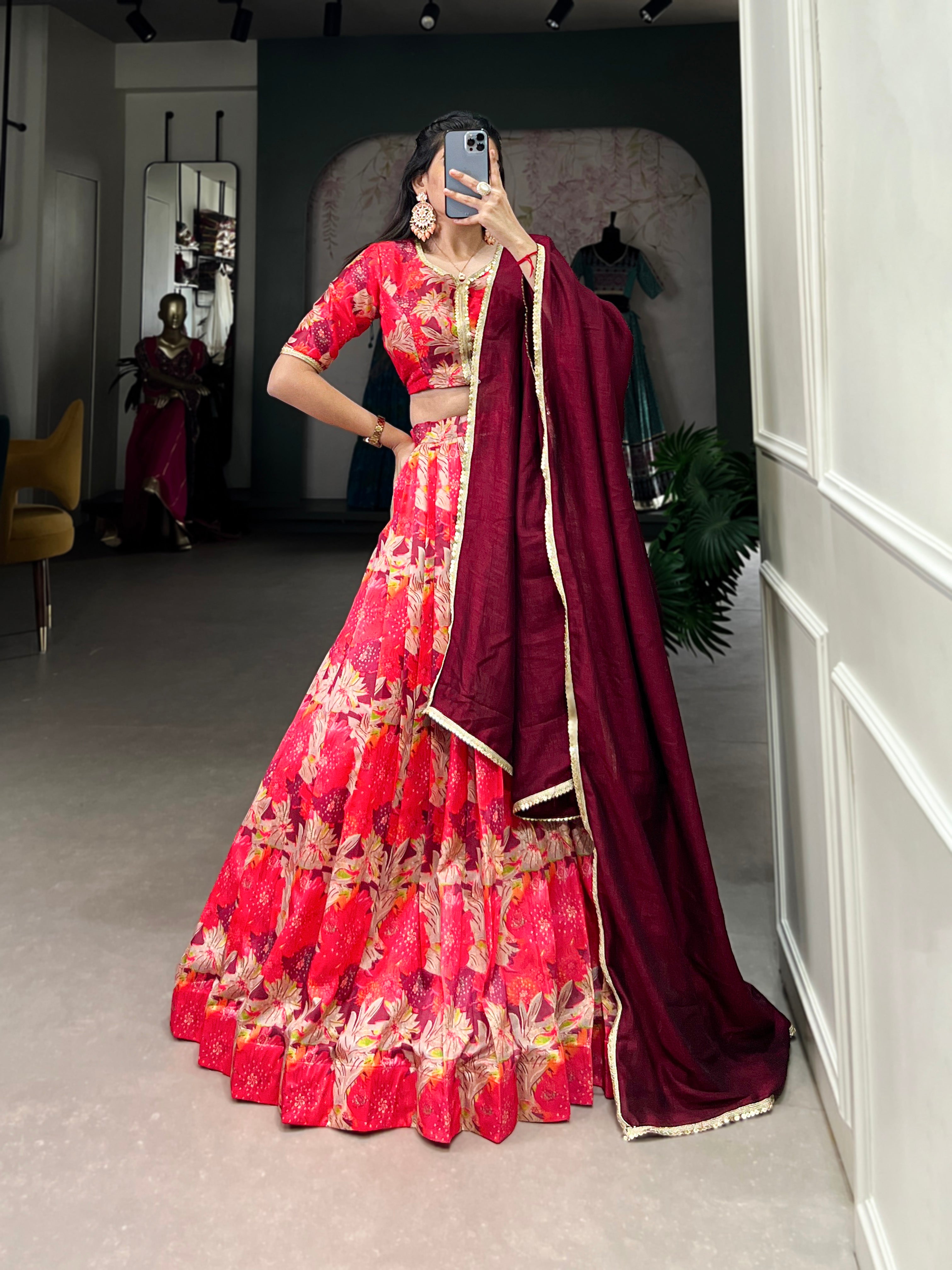 Radiant Red Floral Lehenga with Elegant Maroon Dupatta