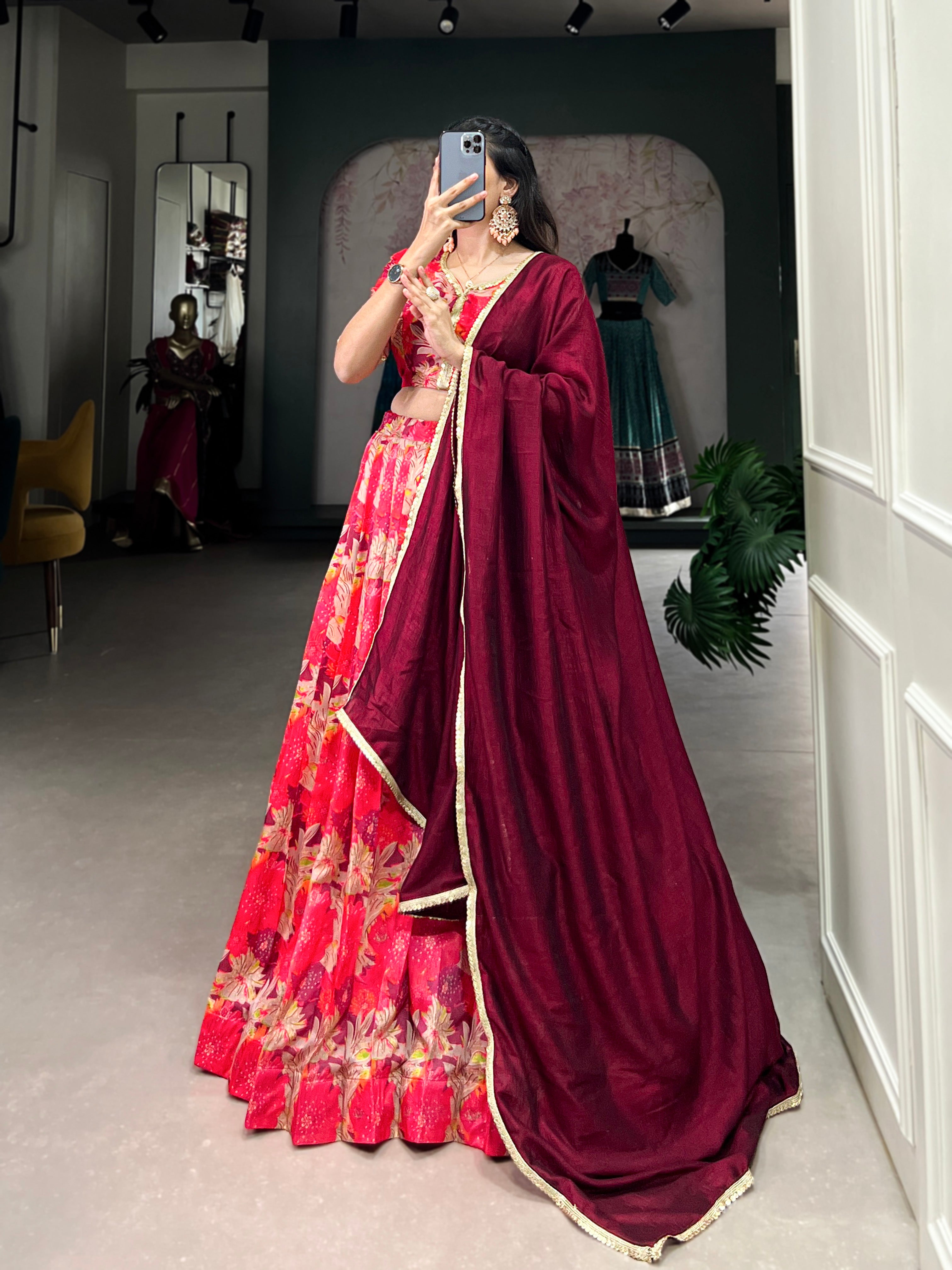 Radiant Red Floral Lehenga with Elegant Maroon Dupatta