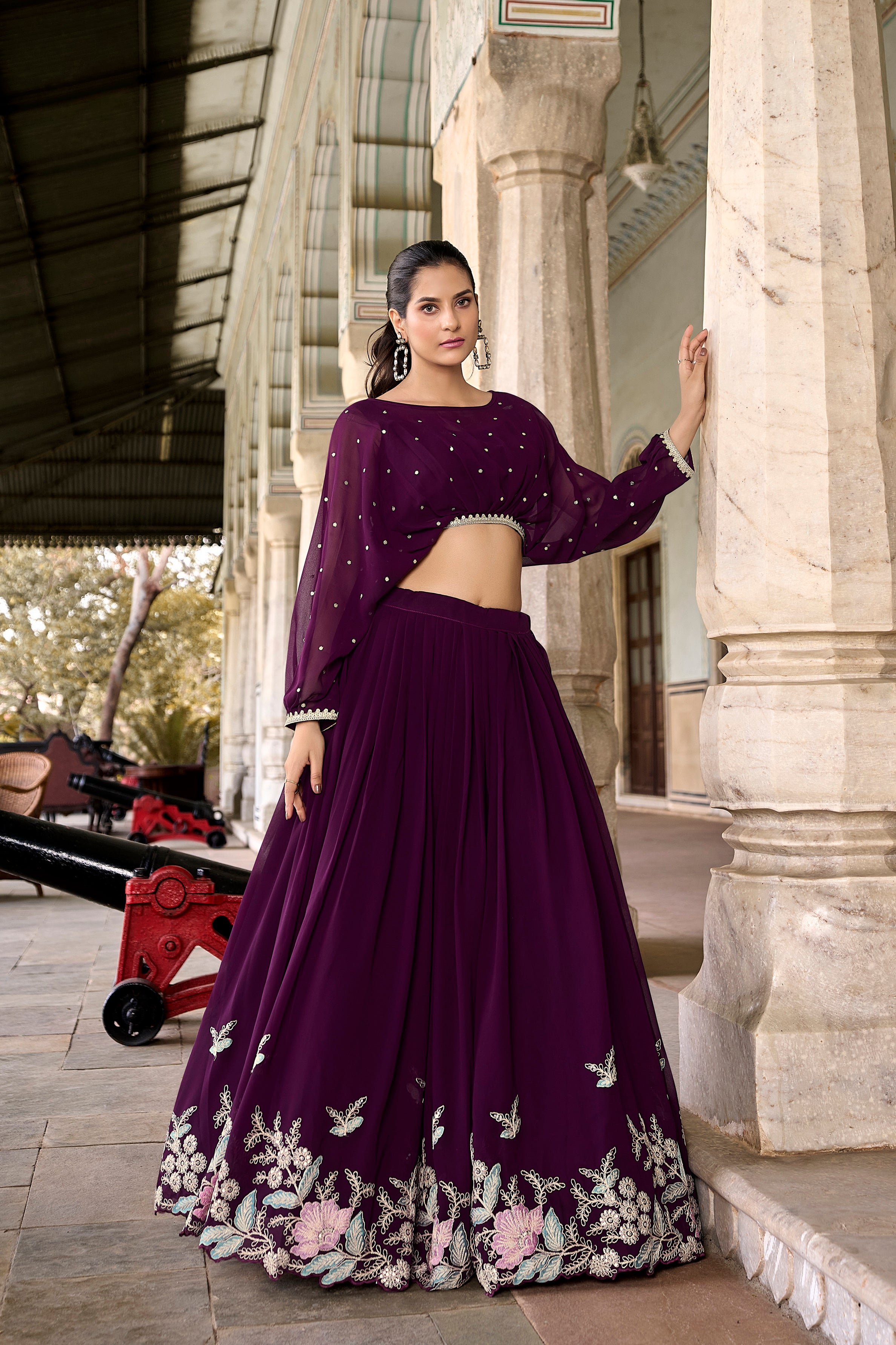 Anamika Georgette Wine Lehenga with Thread Work.