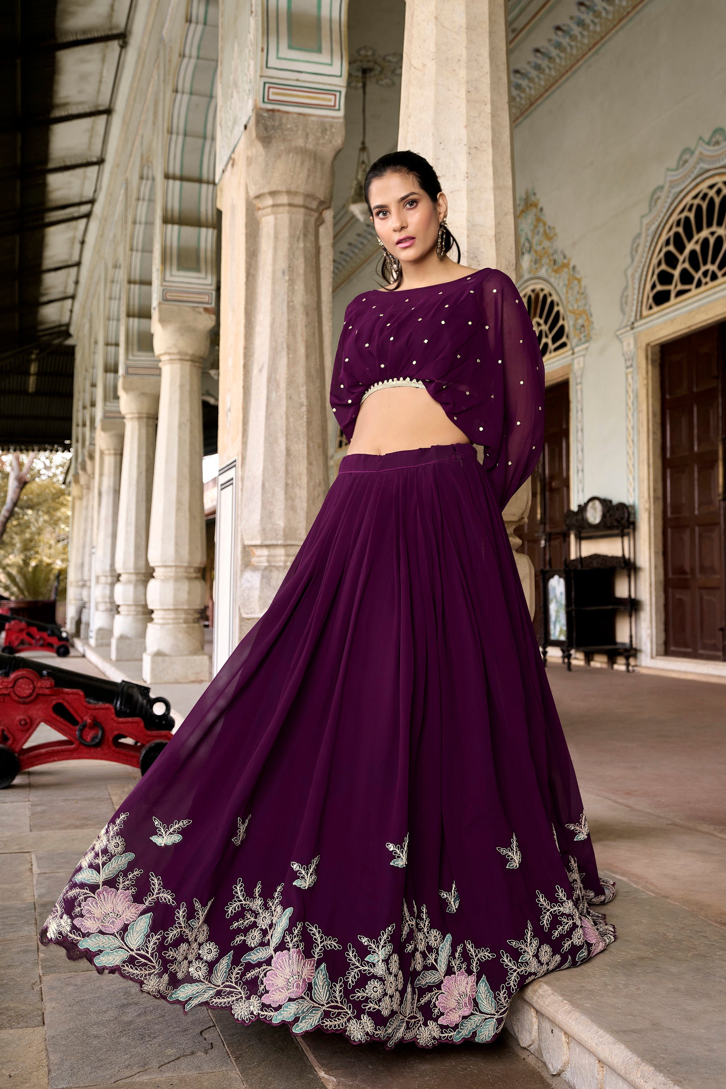 Anamika Georgette Wine Lehenga with Thread Work.