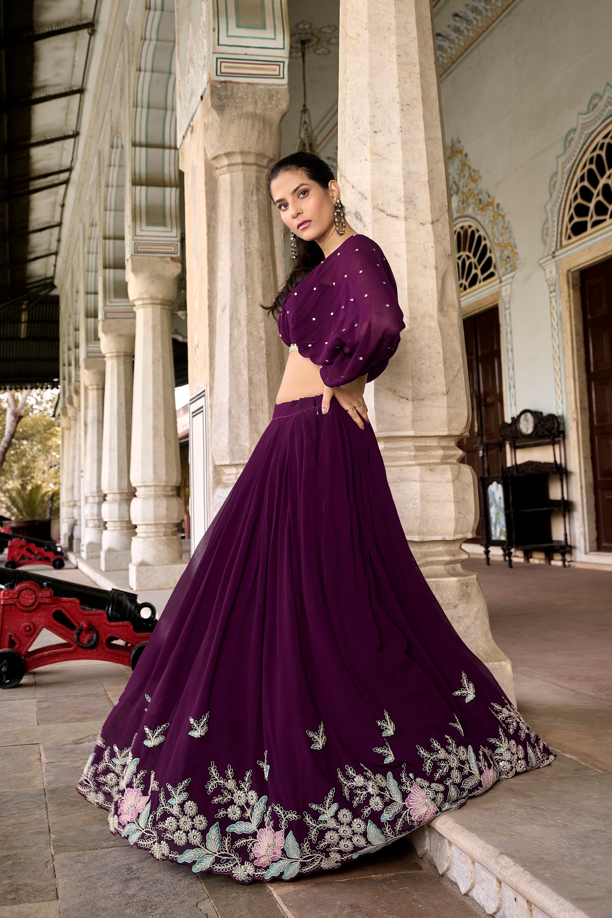 Anamika Georgette Wine Lehenga with Thread Work.