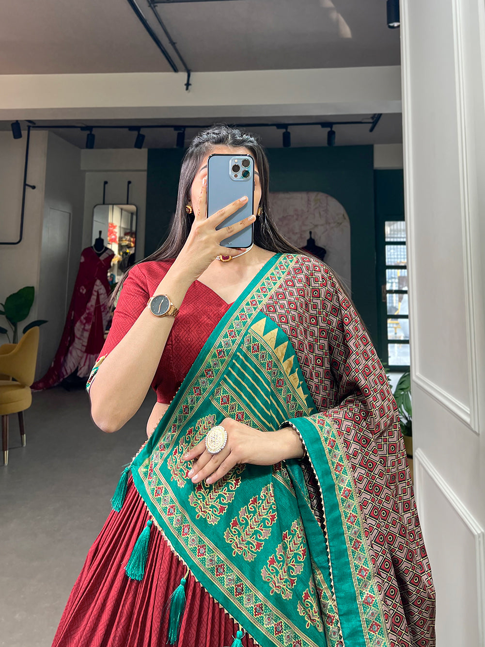 Royal Red and Emerald Green Traditional Lehenga Ensemble