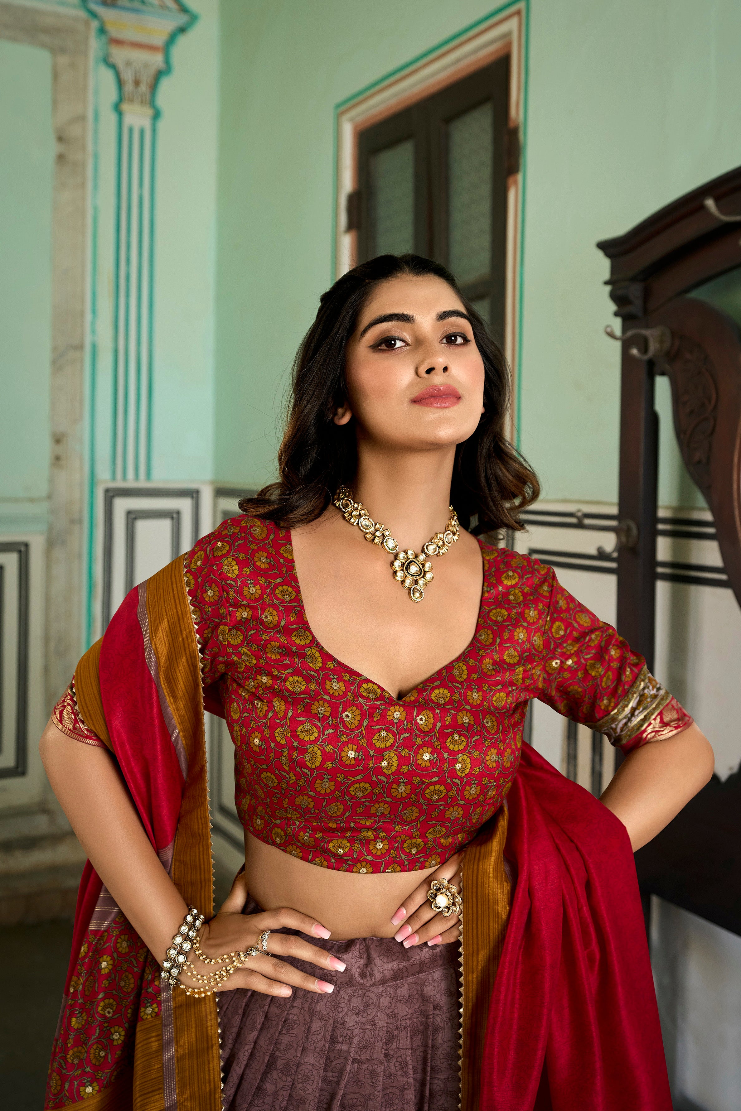 Vintage Mauve and Crimson Elegance Lehenga Ensemble